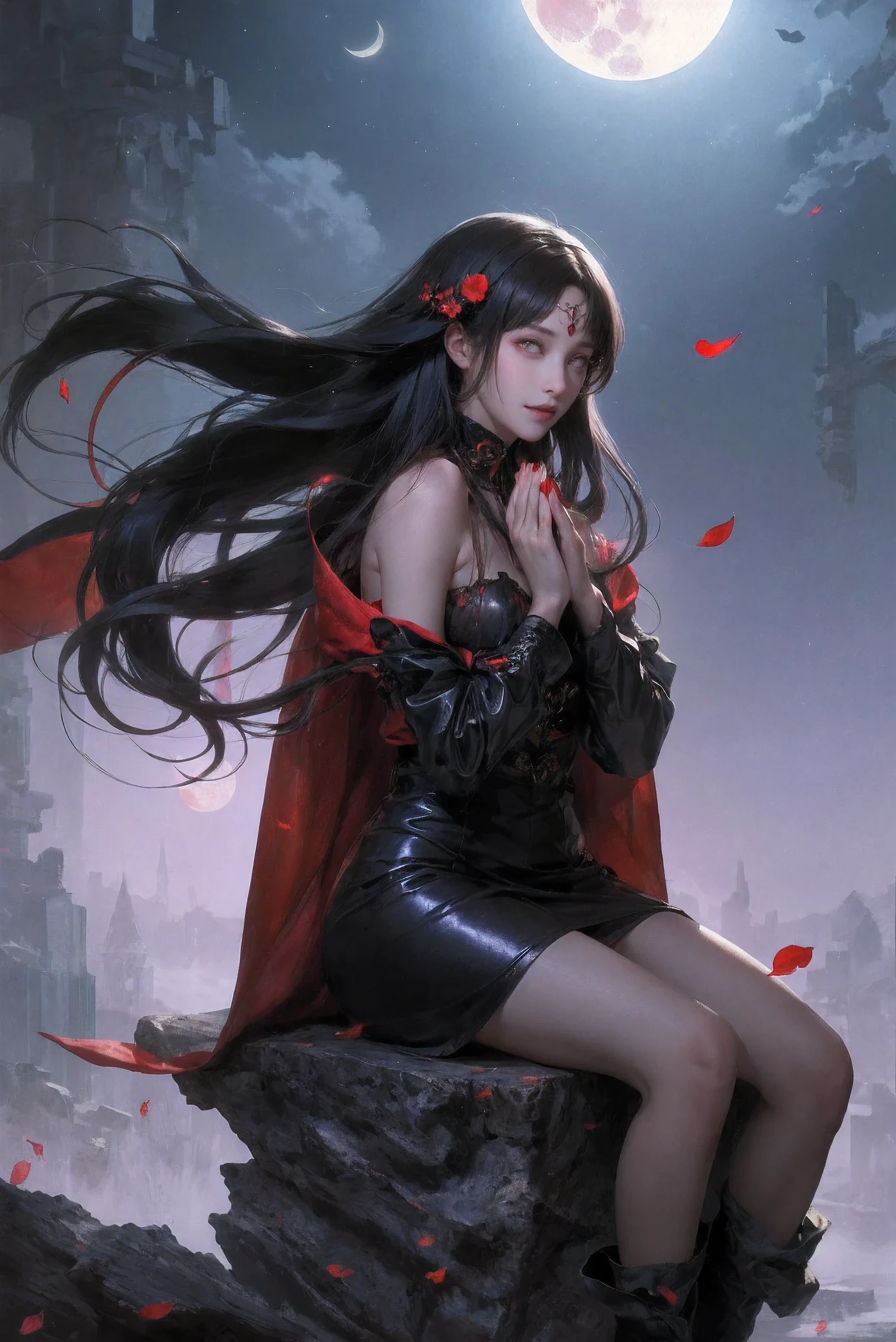 Japanese cartoons, girl, red eyes, black hair, long hair, pray, sitting, petal, fallen leaves, midnight, moonlight, blood moon