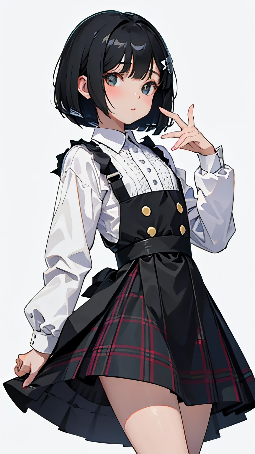 (short cute girl，small young student，young delicate girl）,（masterpiece，Top quality)，black tartan check pinafore，black medium bob，sleepy，white background