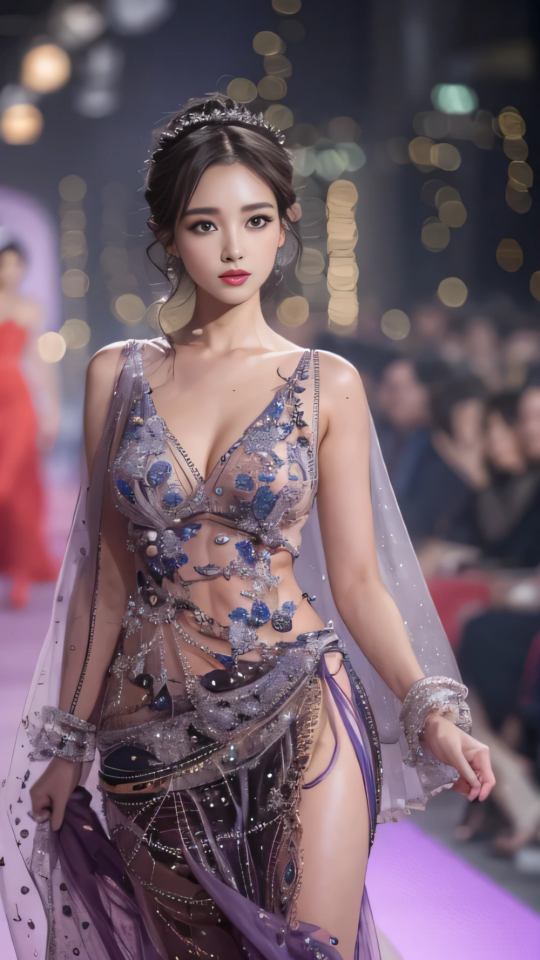 The models are in the hall々A dynamic scene of walking down the runway with、highest quality、16K high resolution、Super detailed、masterpiece、Live shooting、realistic:1.4、hyper realism:1.4、sharp focus、very delicate and beautiful、small details、1 female、alone、(full body shot:1.1)、(beautiful face:1.5)、(mature perfect body)、(detailed face:1.1)、(thin and beautiful eyes)、Perfect round eyes、(lip details)、(lipstick)、(eyeliner)、(mascara)、(eye shadow)、Spotlight、surrounded by a large audience、A model elegantly wearing a high fashion outfit.、The audience is mesmerized, and the atmosphere is vibrant and colorful, Capturing the essence of a high-end fashion show、(Clothes that expose your beautiful legs to the fullest)、At SFW