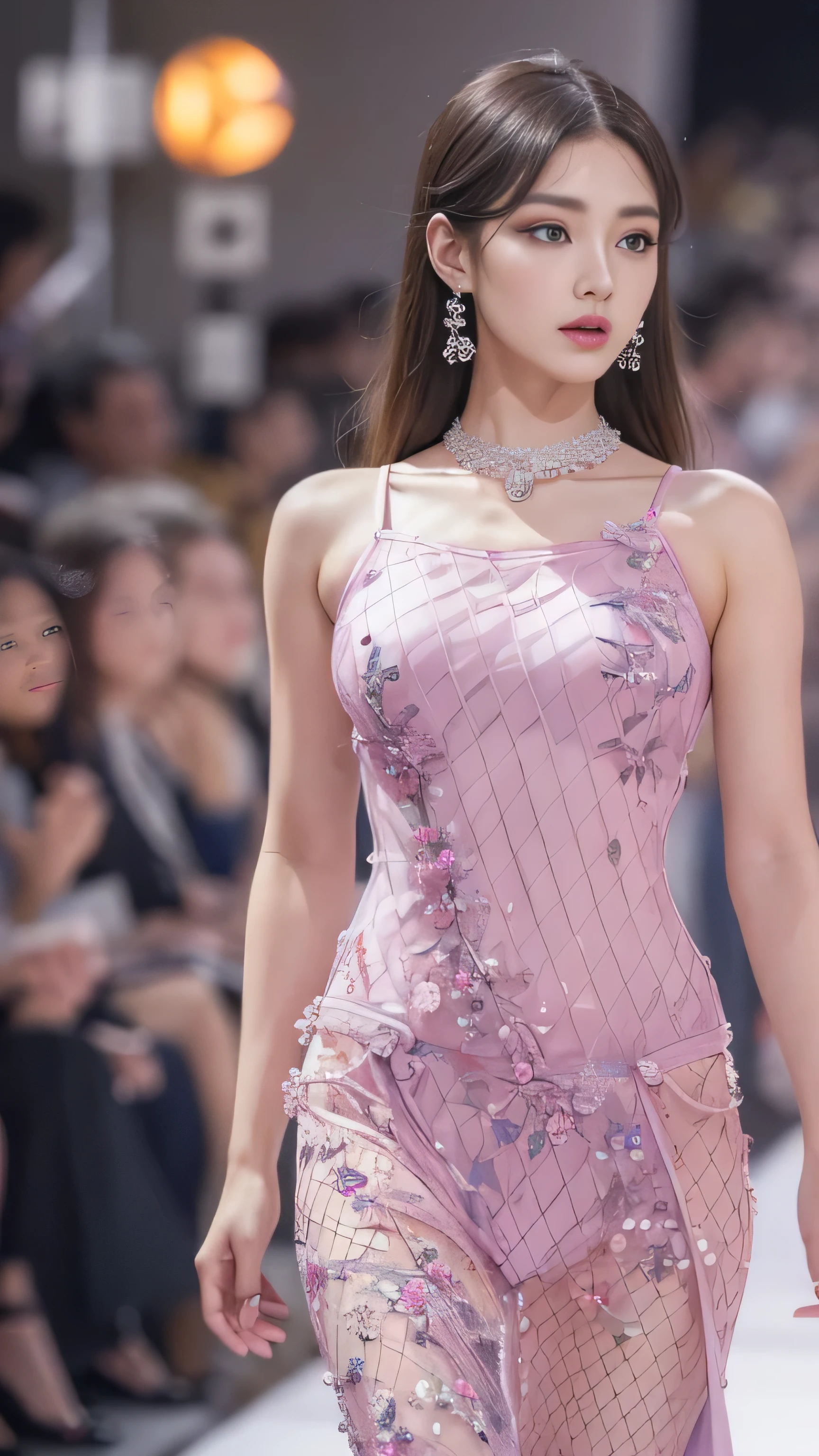 The models are in the hall々A dynamic scene of walking down the runway with、highest quality、16K high resolution、Super detailed、masterpiece、Live shooting、realistic:1.4、hyper realism:1.4、sharp focus、very delicate and beautiful、small details、1 female、alone、(full body shot:1.1)、(beautiful face:1.5)、(mature perfect body)、(detailed face:1.1)、(thin and beautiful eyes)、Perfect round eyes、(lip details)、(lipstick)、(eyeliner)、(mascara)、(eye shadow)、Spotlight、surrounded by a large audience、A model elegantly wearing a high fashion outfit.、The audience is mesmerized, and the atmosphere is vibrant and colorful, Capturing the essence of a high-end fashion show、(Clothes that expose your beautiful legs to the fullest)、At SFW