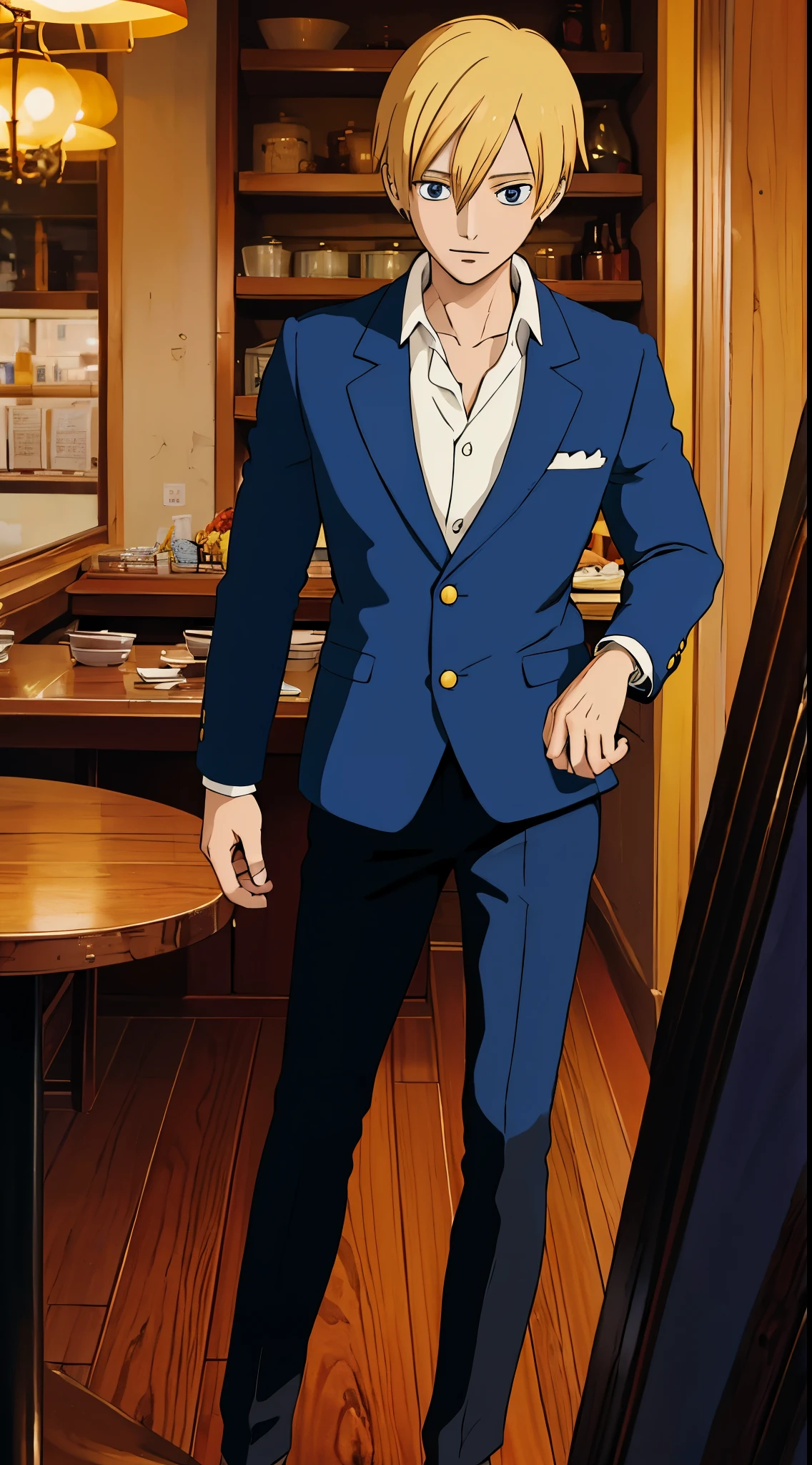 Sanji, in cafe, blazer, perfect eyes, perfect face.