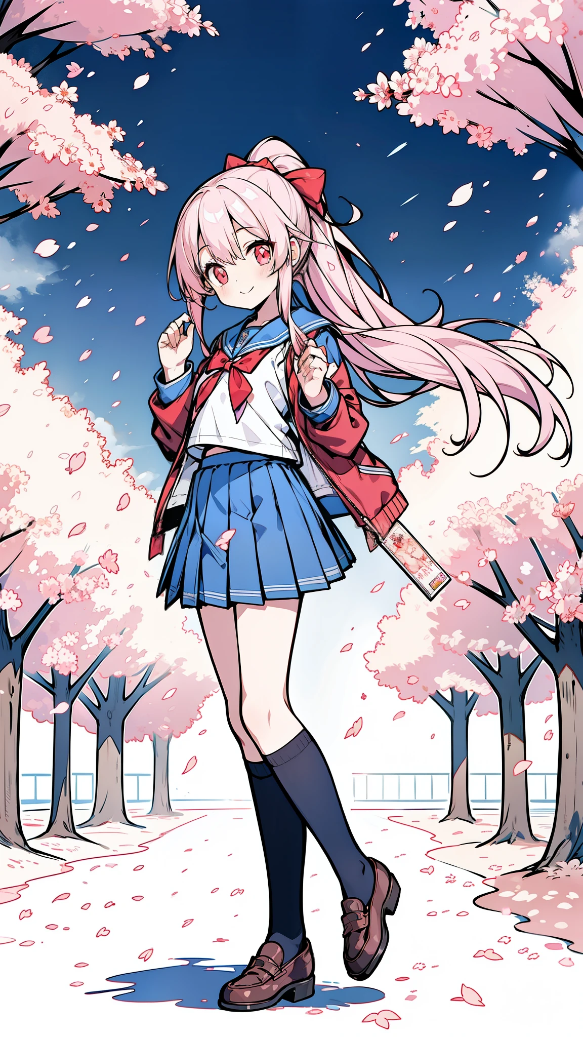 32k, 1girl, solo, long hair, smile, skirt, shirt, red eyes, bow, ribbon, school uniform, jacket, full body, hair ribbon, white shirt, ponytail, pink hair, pleated skirt, outdoors, open clothes, sky, shoes, serafuku, day, socks, pink eyes, sailor collar, red bow, open jacket, tree, blue skirt, kneehighs, petals, brown footwear, white socks, blue jacket, cherry blossoms, loafers, 