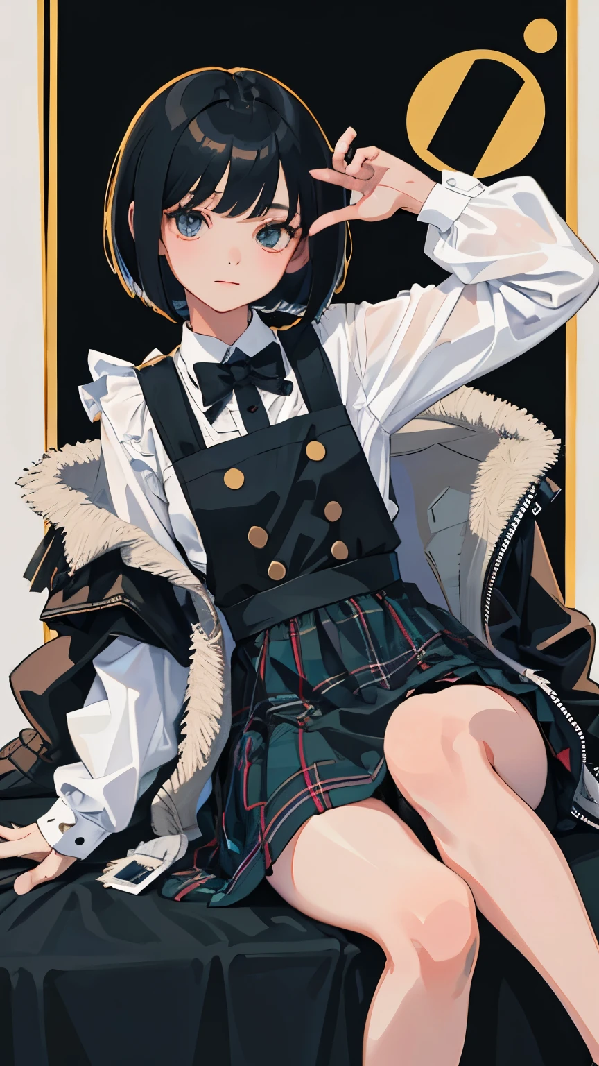 (short cute girl,small young student,young delicate girl),(masterpiece,Top quality),black tartan check pinafore,black medium bob,sleepy,white background