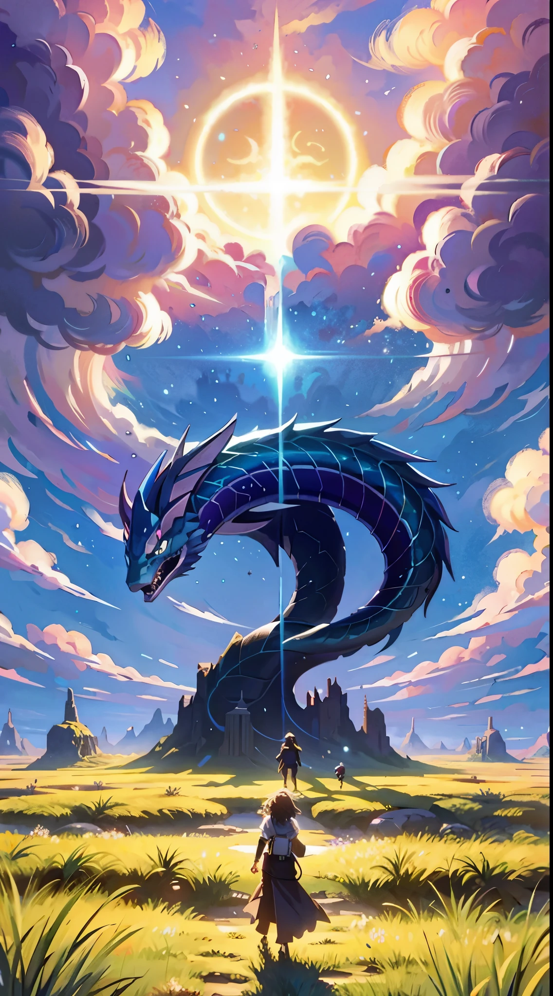 (best quality, 4k, 8k, highres, masterpiece:1.2), ultra-detailed, (anime: 1.2), giant magic snake, creature, sparkles of magic, halo, rays, concept art, makoto shinkai cyril rolando, atey ghailan 8 k, emotional concept art, guweiz and makoto shinkai, anime art wallpaper 8 k, a beautiful artwork illustration, 4k highly detailed digital art, anime art wallpaper 4k, anime art wallpaper 4 k