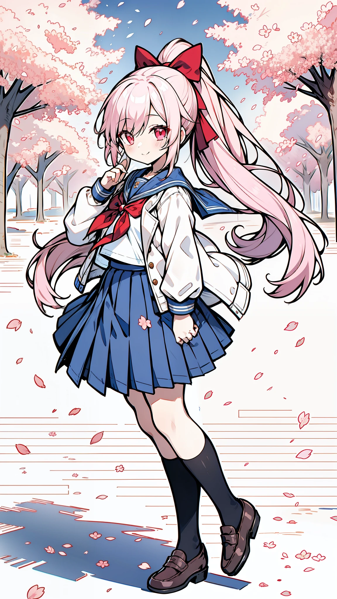 32k, 1girl, solo, long hair, smile, skirt, shirt, red eyes, bow, ribbon, school uniform, jacket, full body, hair ribbon, white shirt, ponytail, pink hair, pleated skirt, outdoors, open clothes, sky, shoes, serafuku, day, socks, pink eyes, sailor collar, red bow, open jacket, tree, blue skirt, kneehighs, petals, brown footwear, white socks, blue jacket, cherry blossoms, loafers, 