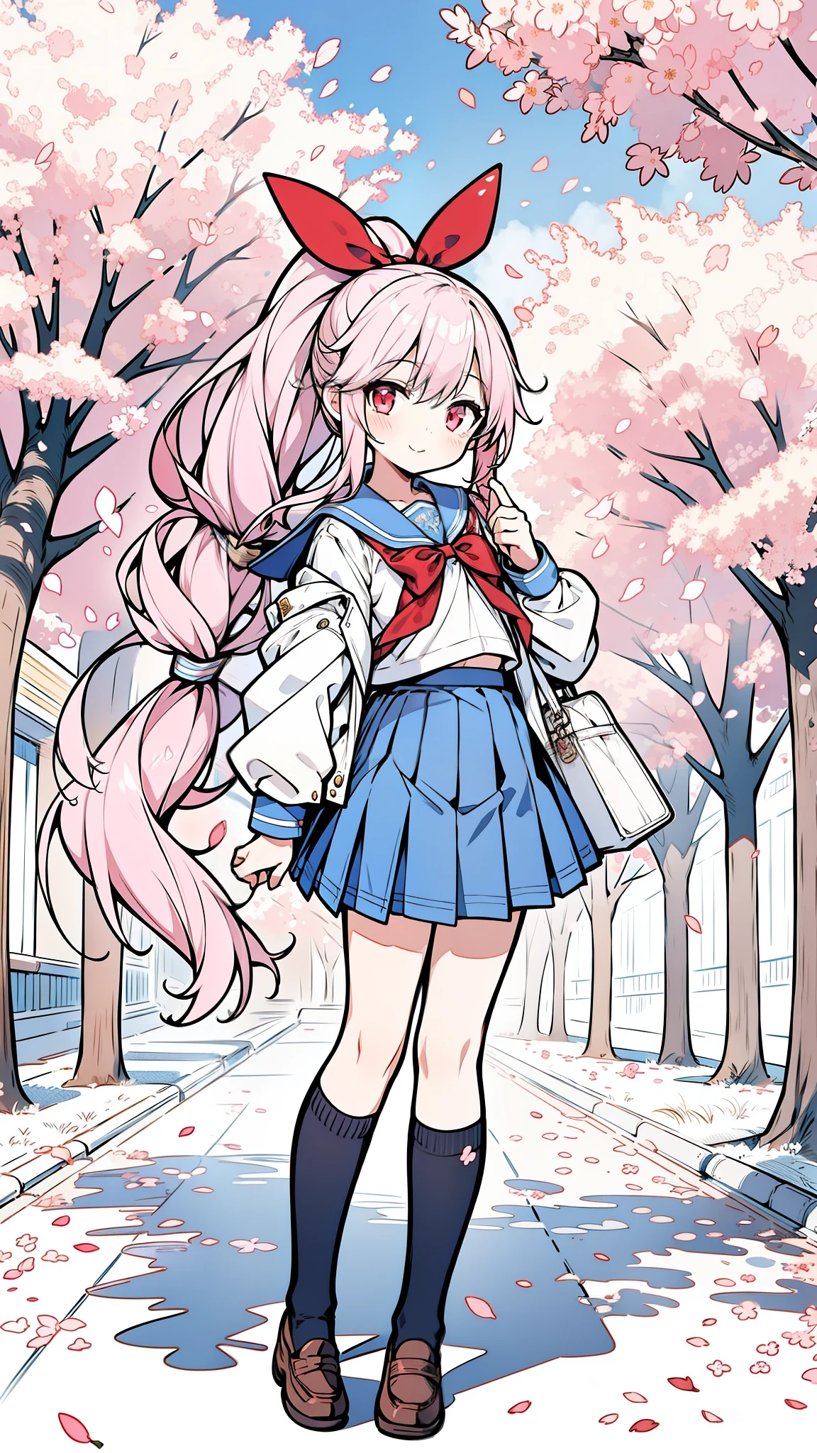 32k, 1girl, solo, long hair, smile, skirt, shirt, red eyes, bow, ribbon, school uniform, jacket, full body, hair ribbon, white shirt, ponytail, pink hair, pleated skirt, outdoors, open clothes, sky, shoes, serafuku, day, socks, pink eyes, sailor collar, red bow, open jacket, tree, blue skirt, kneehighs, petals, brown footwear, white socks, blue jacket, cherry blossoms, loafers, 