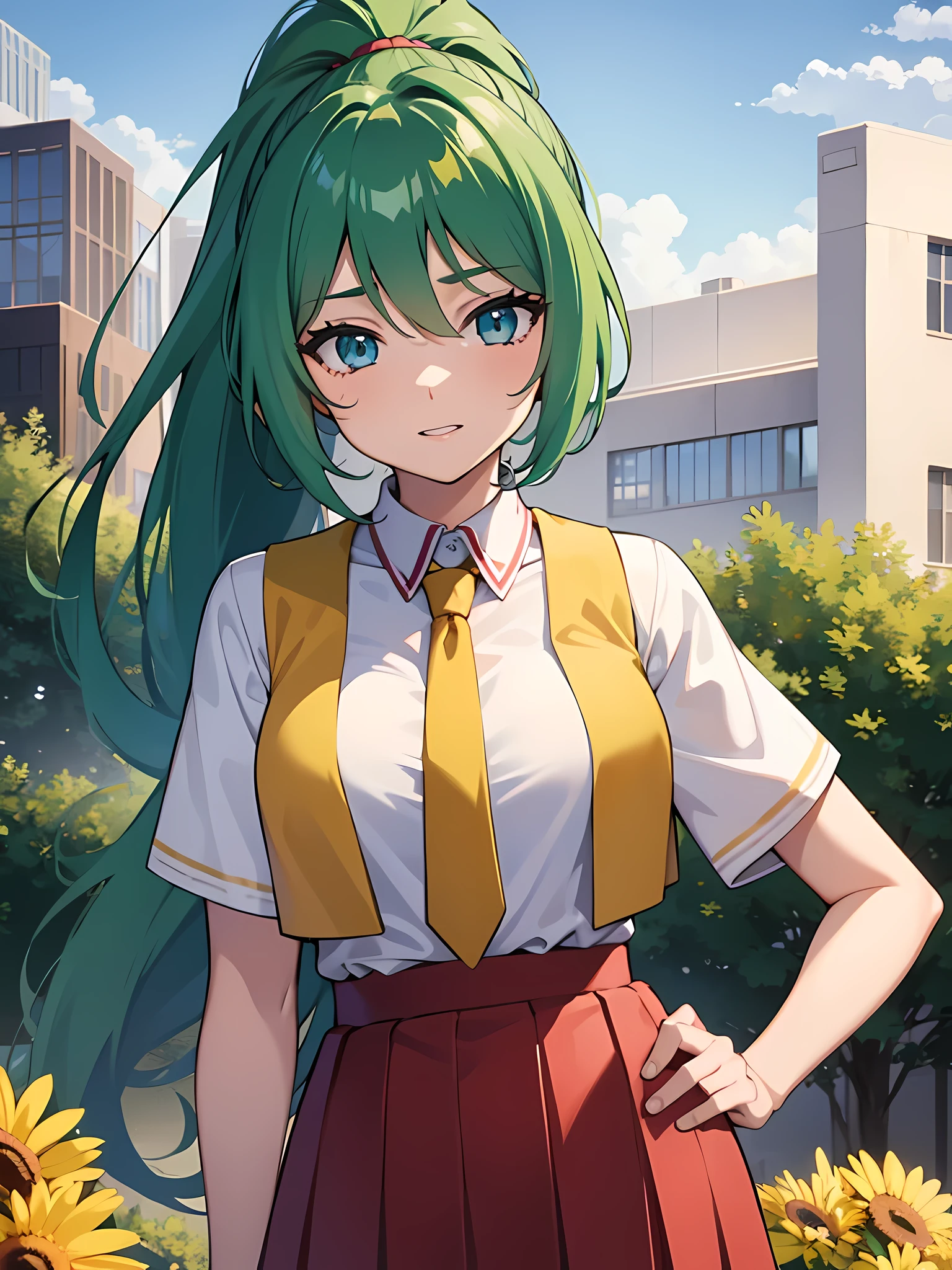 1 girl,One,Upper body,I look at the viewer,facing the viewer,Sonozaki Mion,long hair,green hair,High ponytail,split bangs,Blue eyes,yellow vest,cropped vest,open clothes,collared shirt,Red tie,White shirt,short sleeves,big breasts,Tight,Red dress,long skirt