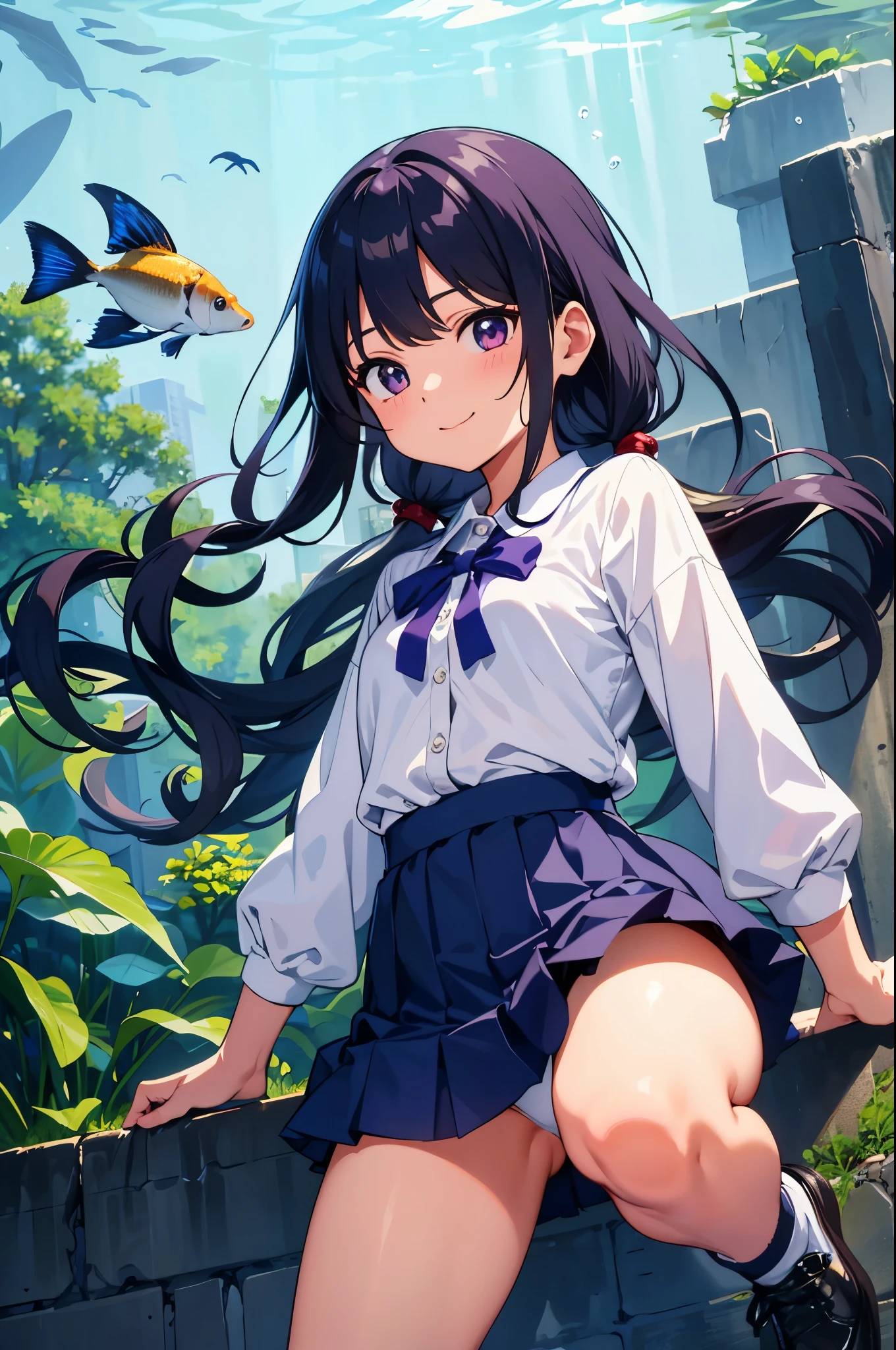 aquarium　School of fish fills the screen　　8-year-old　flat chest　blhair　g hair　eyes are purple　smile（（1 person））　Upper body white long sleeve blouse　Lower body navy blue miniskirt　white panties　leather shoes　aquariumの通路にしゃがんでいる　spread your legs a little（（I can see white panties））　Put the whole body　dynamic angle　Low angle from the front