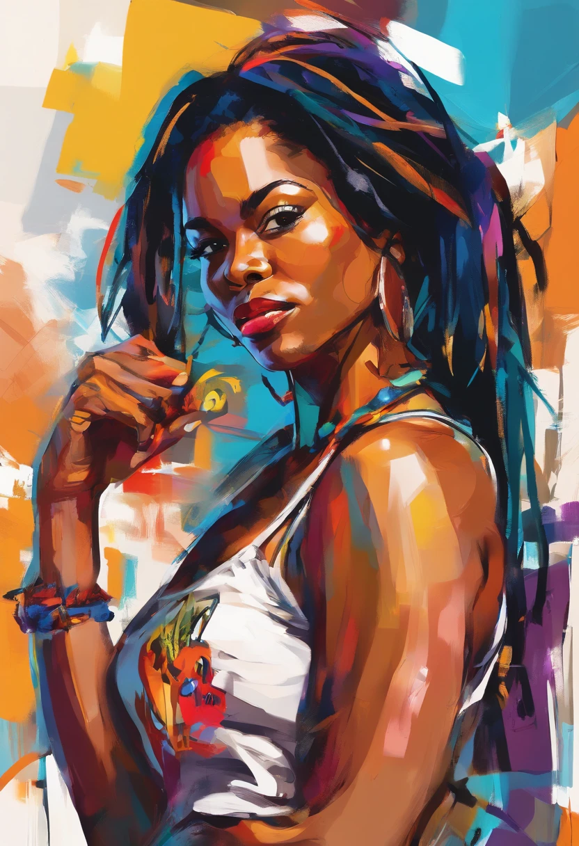 oil painting in the style of Chris Ellis (Daze), depicting a captivating 28-year-old afro woman with sleek black hair, a slender body, and a distinct sense of style. The brushstrokes are dynamic and energetic, reflecting the urban art influences of Daze's work. The woman stands tall, portrayed in full body, exuding confidence and strength. She wears a white tank top, blue jeans, and plain sneakers, embracing a casual yet stylish look. The artist emphasizes the character's natural beauty, using vibrant colors and bold lines to accentuate her radiant skin and graceful silhouette. With a serious expression and focused gaze, she aims an assault rifle, embodying determination and resilience. The favela scene is transformed into a vibrant urban landscape, with graffiti-covered walls and bustling streets. The artist incorporates elements of abstraction and street art, adding layers of depth and visual interest to the composition. The painting captures the essence of both Chris Ellis (Daze) and Jenny Saville, blending urban art aesthetics with a raw and powerful portrayal of the subject. It serves as a testament to the character's strength, resilience, and unwavering commitment to her community.