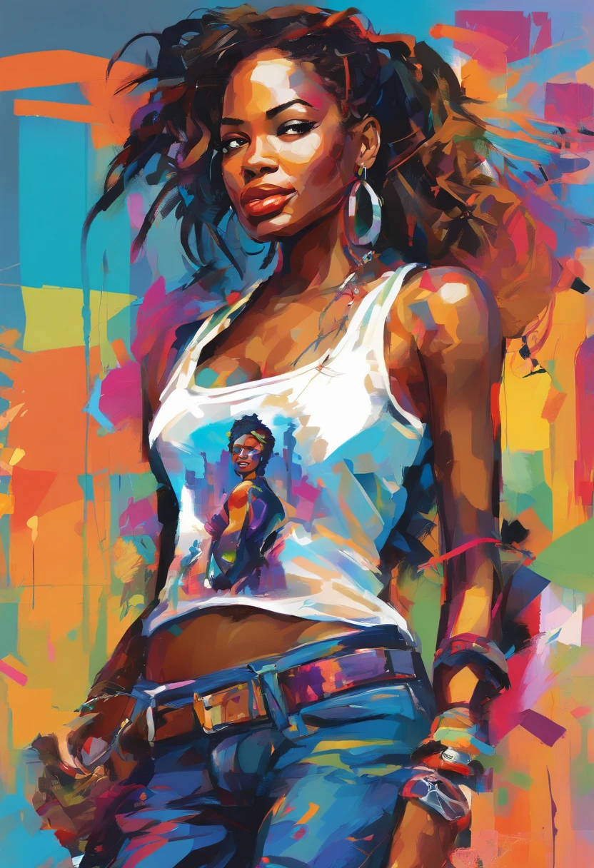 oil painting in the style of Chris Ellis (Daze), depicting a captivating 28-year-old afro woman with sleek black hair, a slender body, and a distinct sense of style. The brushstrokes are dynamic and energetic, reflecting the urban art influences of Daze's work. The woman stands tall, portrayed in full body, exuding confidence and strength. She wears a white tank top, blue jeans, and plain sneakers, embracing a casual yet stylish look. The artist emphasizes the character's natural beauty, using vibrant colors and bold lines to accentuate her radiant skin and graceful silhouette. With a serious expression and focused gaze, she aims an assault rifle, embodying determination and resilience. The favela scene is transformed into a vibrant urban landscape, with graffiti-covered walls and bustling streets. The artist incorporates elements of abstraction and street art, adding layers of depth and visual interest to the composition. The painting captures the essence of both Chris Ellis (Daze) and Jenny Saville, blending urban art aesthetics with a raw and powerful portrayal of the subject. It serves as a testament to the character's strength, resilience, and unwavering commitment to her community.