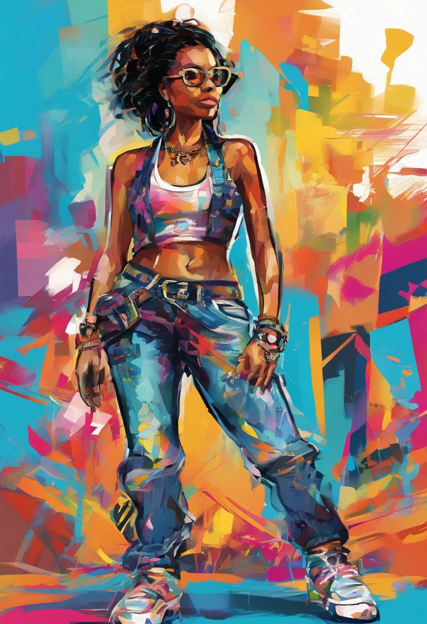 oil painting in the style of Chris Ellis (Daze), depicting a captivating 28-year-old afro woman with sleek black hair, a slender body, and a distinct sense of style. The brushstrokes are dynamic and energetic, reflecting the urban art influences of Daze's work. The woman stands tall, portrayed in full body, exuding confidence and strength. She wears a white tank top, blue jeans, and plain sneakers, embracing a casual yet stylish look. The artist emphasizes the character's natural beauty, using vibrant colors and bold lines to accentuate her radiant skin and graceful silhouette. With a serious expression and focused gaze, she aims an assault rifle, embodying determination and resilience. The favela scene is transformed into a vibrant urban landscape, with graffiti-covered walls and bustling streets. The artist incorporates elements of abstraction and street art, adding layers of depth and visual interest to the composition. The painting captures the essence of both Chris Ellis (Daze) and Jenny Saville, blending urban art aesthetics with a raw and powerful portrayal of the subject. It serves as a testament to the character's strength, resilience, and unwavering commitment to her community.