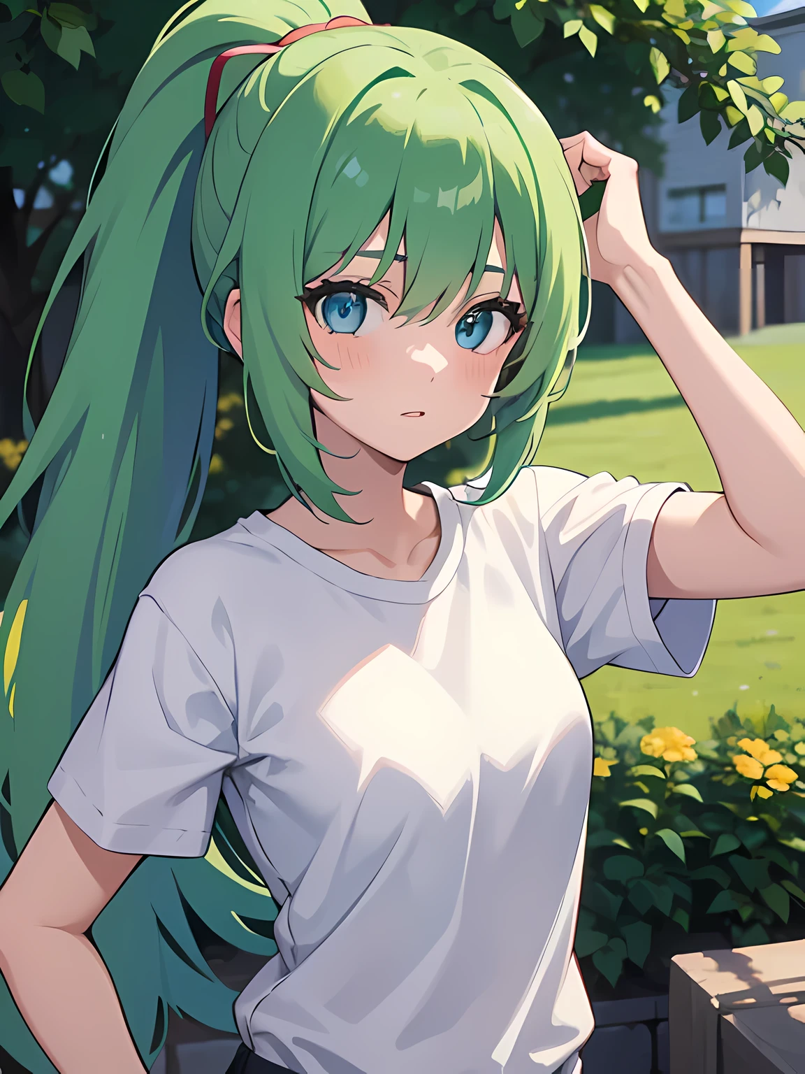 1 girl,One,Upper body,I look at the viewer,facing the viewer,Sonozaki Mion,long hair,green hair,High ponytail,split bangs,Blue eyes,White T-shirt