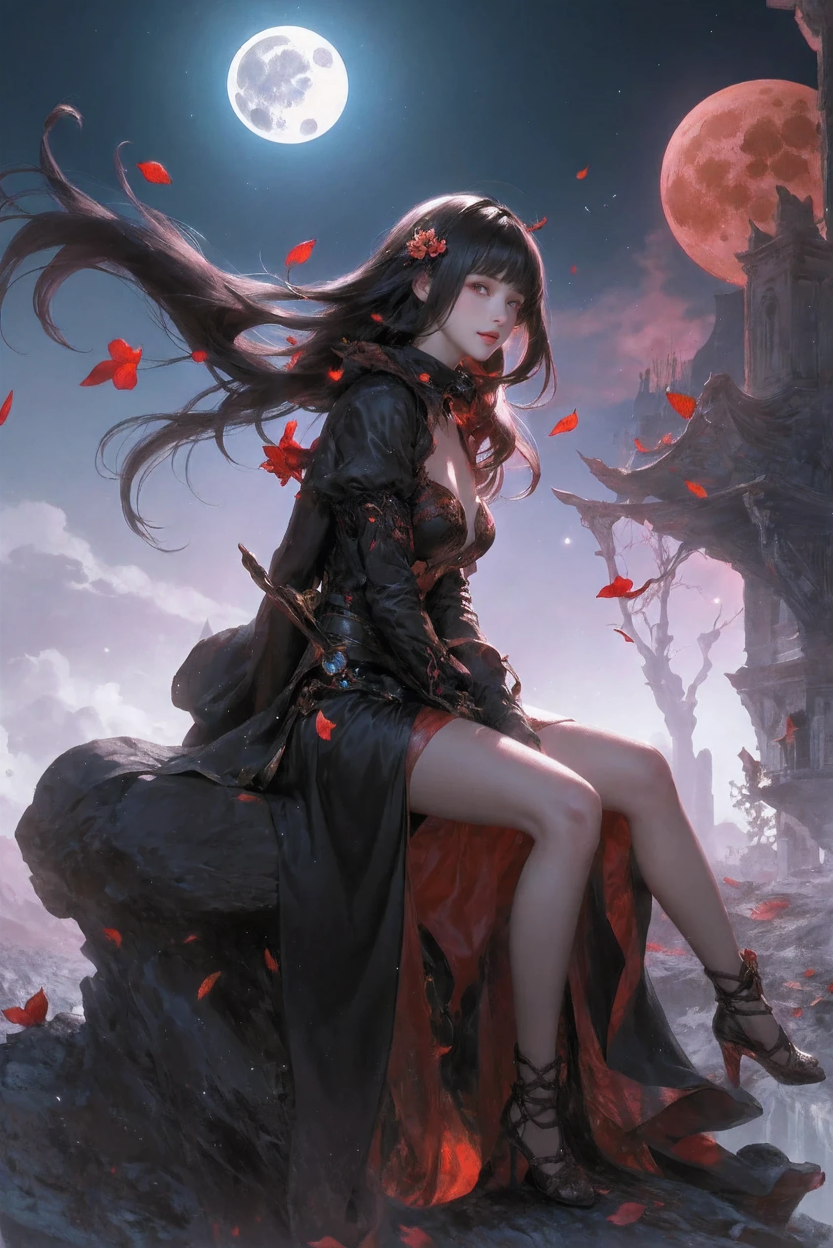 Japanese cartoons, girl, red eyes, black hair, long hair, pray, sitting, petal, fallen leaves, midnight, moonlight, blood moon