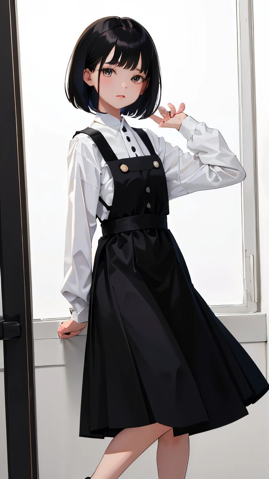 (short cute girl，small young student，young delicate girl）,（masterpiece，Top quality)，check pinafore，black medium bob，sleepy，white background