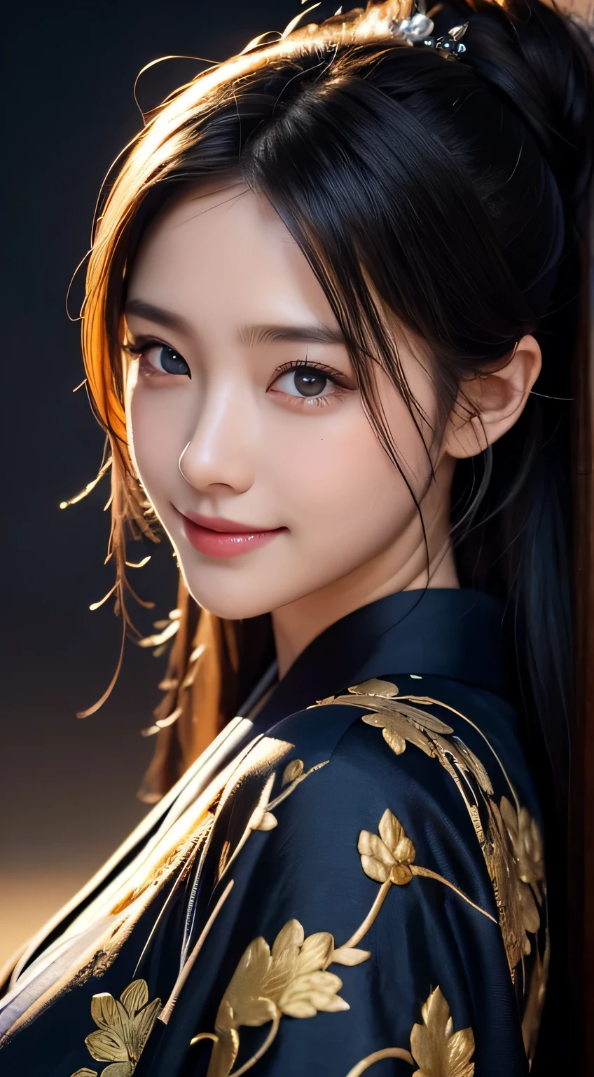 Beautiful woman in kimono,body portrait、8k,thin and beautiful eyes,Dindal effect、masterpiece, 最high quality, high quality, High resolution、very detailed写真、(natural skin texture、fine skin、hyper realism、Super sharpness)、high detail skin、(very detailed、fine skinの質感、intricate details、beautiful face、(lifelike face)、realistic eyes、beautiful and detailed eyes、real looking skin、beautiful skin、surreal、very detailed、golden ratio、with smiling eyes、((night moonlight background))、body portrait