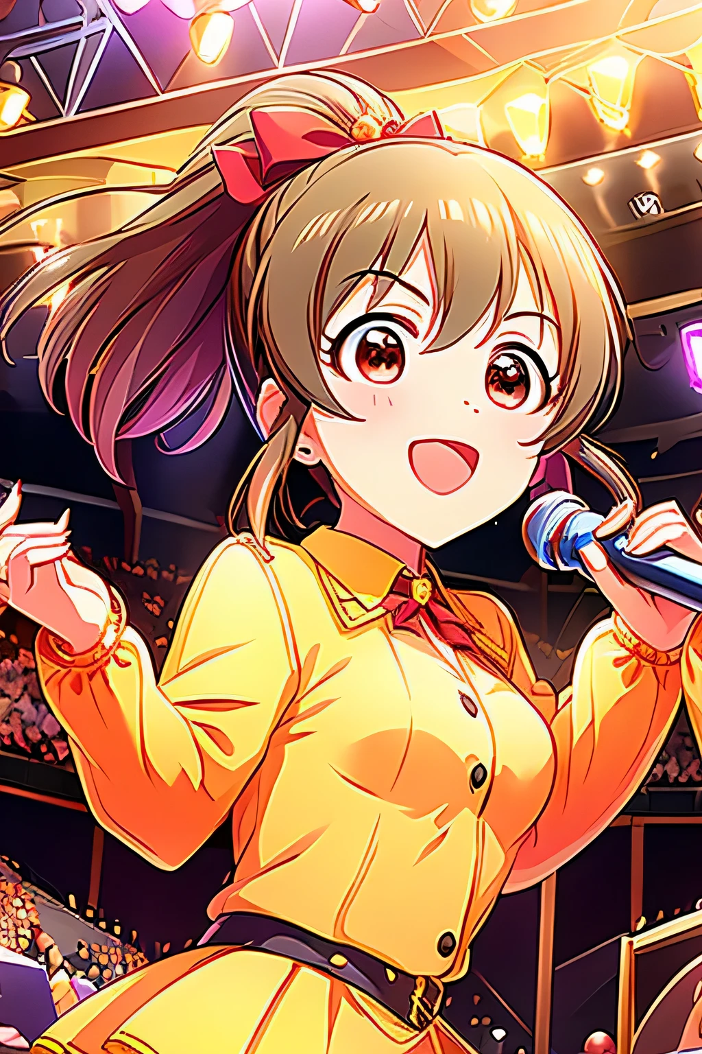 sing at a live venue　jumping　Holding a microphone in one hand　Wearing an idol costume　The color of the costume is red with sequins..　packed venue　Orange penlights are installed in the audience seats.　smile　superpower　facing left　peace sign