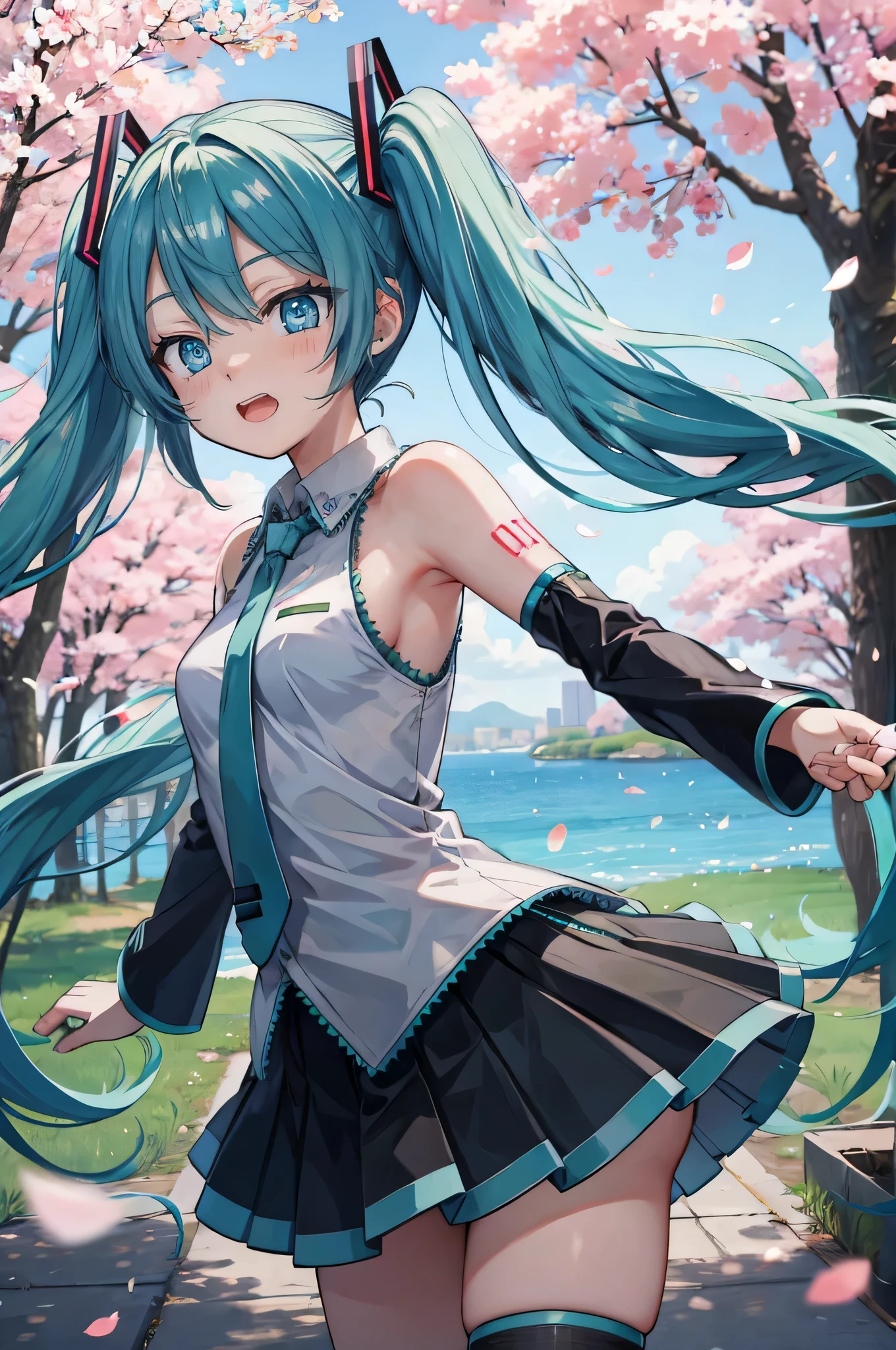 hatsune miku Show from head to thigh cheeks are red Natural Laughing Face cute face small breasts small ass good style Near the cherry blossoms Cherry blossom petals are dancing