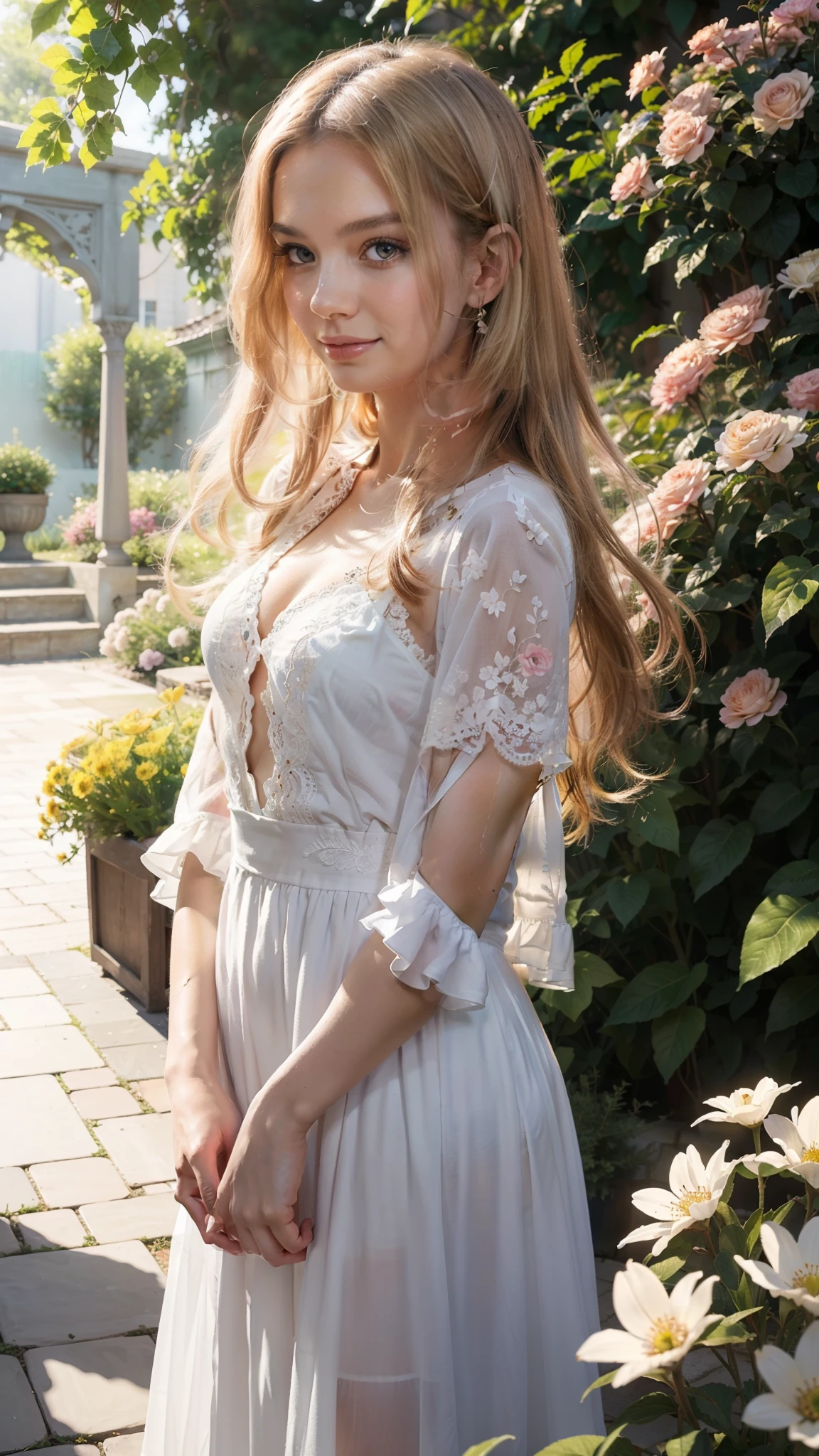 A girl standing in a beautiful garden, with colorful flowers blooming all around her. She has bright, detailed eyes and luscious lips. The girl is wearing a vibrant, flowing dress that matches the flowers in the garden. She has a joyful expression on her face, as if she is enjoying the peacefulness and beauty of her surroundings. The garden is bathed in soft, natural light, creating a dreamy atmosphere. The scene is captured in a tachi-e style illustration, with intricate details and rich colors. The artist has used ink splashing and color splashing techniques to add texture and depth to the artwork. The illustration has a white background, allowing the vibrant colors to pop and giving it a clean and fresh look. The overall image quality is of the highest standard, with ultra-detailed elements and realistic shading. It is a true masterpiece, showcasing the talent and skill of the artist. The artwork has a watercolor-like quality, with soft and blended colors that create a soothing and harmonious effect. The illustration is taken in a wide-angle panorama shot, capturing the entire garden and providing a sense of depth and scale. The focus is on the girl, who is the sole subject of the artwork, drawing the viewer's attention to her beauty and elegance.