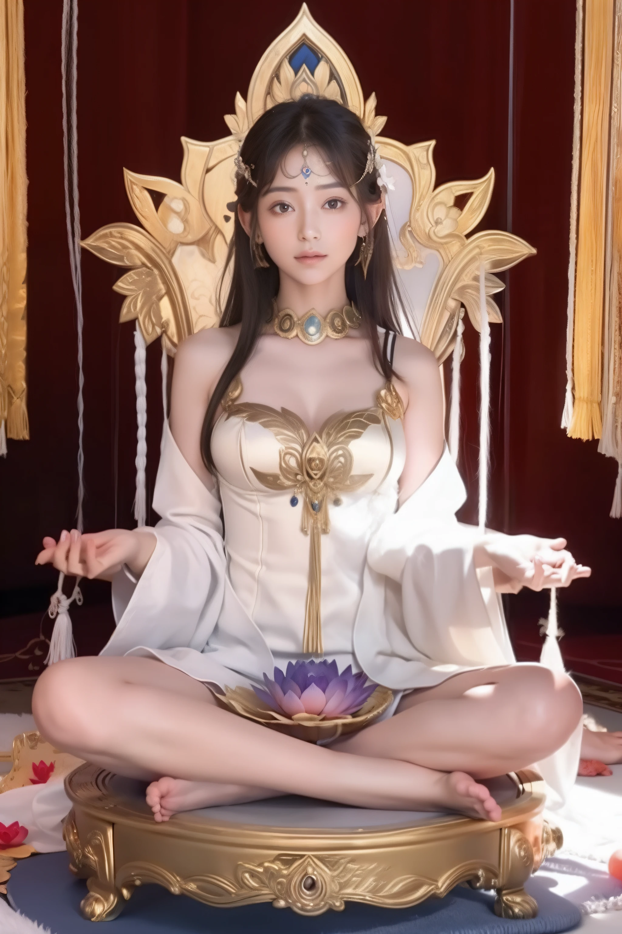 Naked tantric female leader sits on the altar and meditates,(yoga lotus sitting),(Perfect delicate and good-looking face),(whole body)