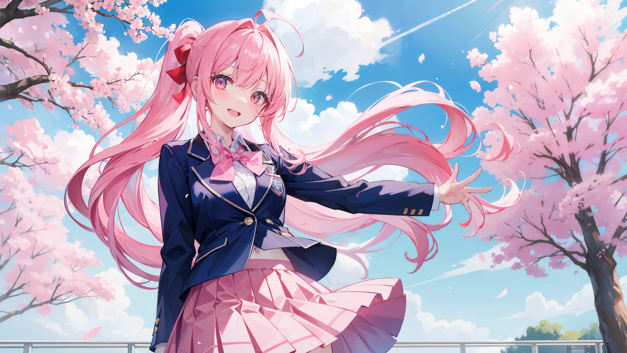 32k, 1girl, solo, long hair, looking at viewer, smile, open mouth, bangs, skirt, shirt, long sleeves, bow, ribbon, school uniform, standing, jacket, hair ribbon, white shirt, ponytail, pink hair, ahoge, :d, sidelocks, cowboy shot, pleated skirt, outdoors, sky, day, bowtie, pink eyes, arm up, red bow, tree, blue sky, blue skirt, petals, hair intakes, blazer, blue jacket, cherry blossoms,