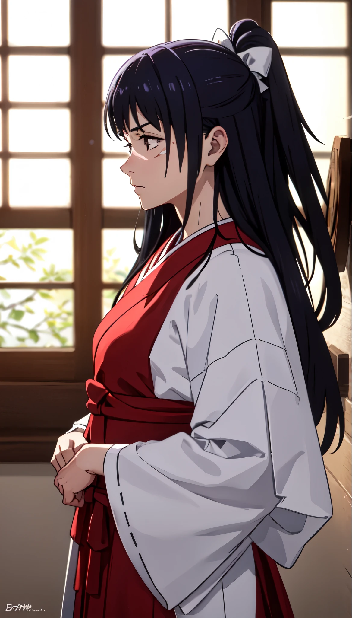 photorealistic, (4k), depth of field, (Masterpiece), (realistic skin texture), extremely detailed, intricate, hyper detailed, professional photography, bokeh, high resolution, sharp detail, best quality, woman, long hair, purple hair, ponytail, brown eyes, scar on face, white hairbow, red hakama, aUtahime, dynamic pose, (arms behind her back),  open window, light rays, windowsill, annoyed,