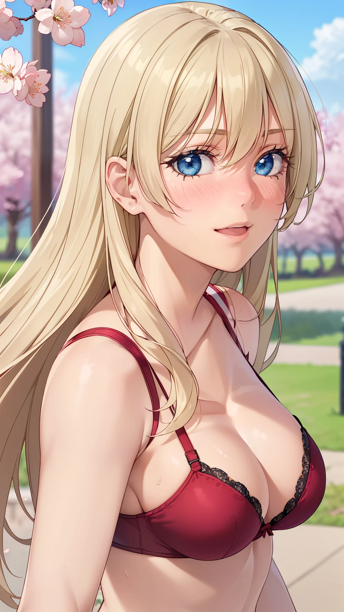 ((masterpiece, highest quality, High resolution, Hmm, perfect pixel, written boundary depth, 4k, RTX, HDR))), 1 girl, single, alone, beautiful anime girl, anime character, ((long hair, parted bangs, blonde hair)), ((blue eyes:1.4, round eyes, realistic eyes)), ((eyelash, ultra-detailed eyelash, smooth eyelash)), ((detailed face, blush:1.2)), ((smooth texture:0.75, realistic texture:0.65, realistic:1.1, Anime CG style)), medium breasts, dynamic angle, perfect body, ((throw, dynamic pose, portrait)), ((sexy underwear、NSFW)), smile, open your mouth, garden, ((Cherry blossoms at night)), Natural light, bright sky, sunlight