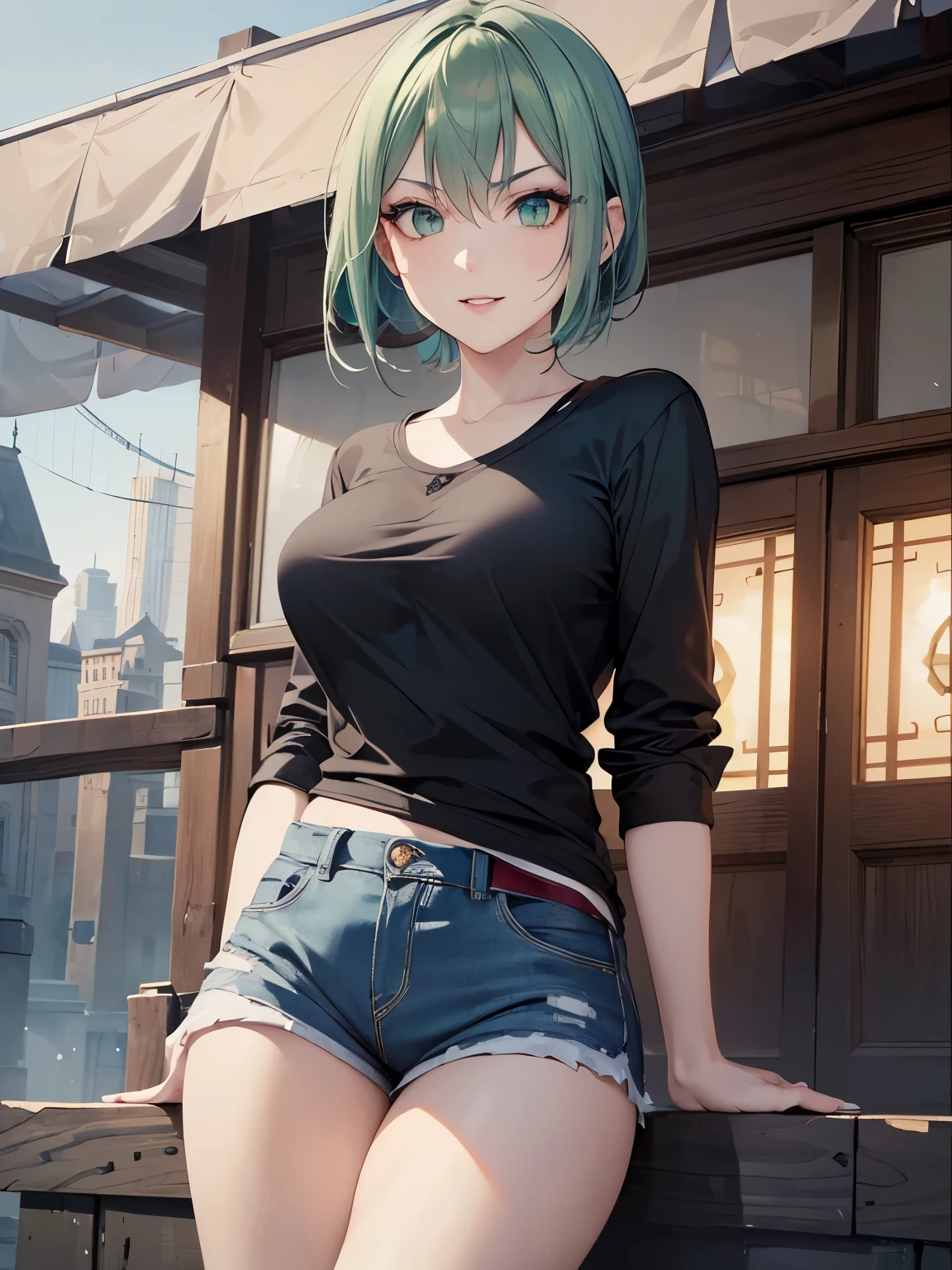(masterpiece, best quality:1.4), (extremely detailed, 8k, uhd), cinematic shot, natural lighting, ultra highres, vibrant rich colors, (beautiful, aesthetic, perfect, delicate, intricate:1.2), (sharp focus, from front:1.3), eye level shot, 1girl, portrait of a anime girl, young, green hair, (extremely hot, attractive, beautiful, sexy, feminine:1.2) sexy, provocative, evil eyes, serious look, expressive green eyes, long eyelashes, relaxed (evil smiling:1.2), full body (beautiful detailed face, highly detailed skin, green eyes), gorgeous, breathtaking beauty, seductive, captivating, pale skin, perfect female figure, (slim:0.5), (wearing a dark t-shirt :1.2), (highly saturated lipstick, luscious thick lips), intricate details, daytime, award winning photography, detailed background, volumetric fx, anime, hyper-detailed