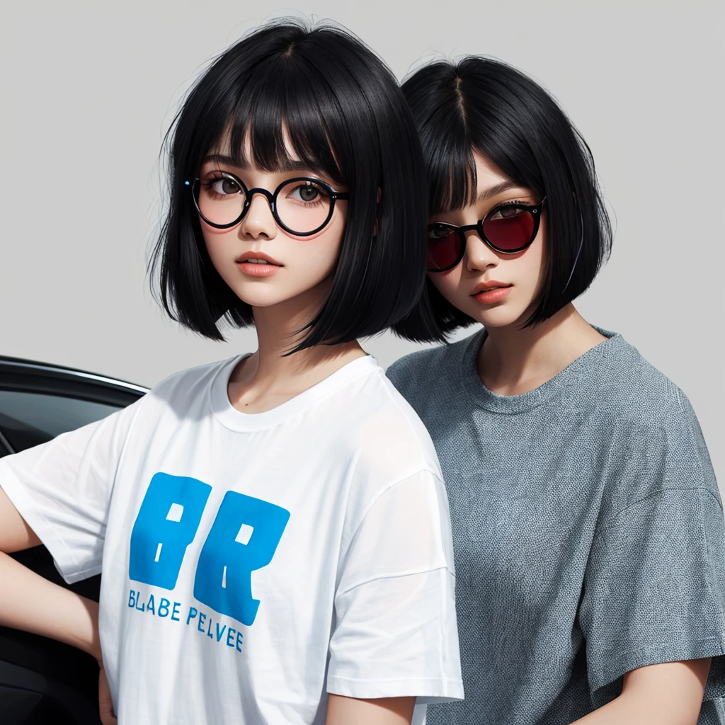 a closeup of a woman wearing blue glasses and a white T-shirt with the letter A very large printed, black bob cut hair, with a bob cut, black bob hair, bob cut hair, dark short hair, French bob hair, black bob hair, short bob hair, short straight hair, dark short hair, bob cut