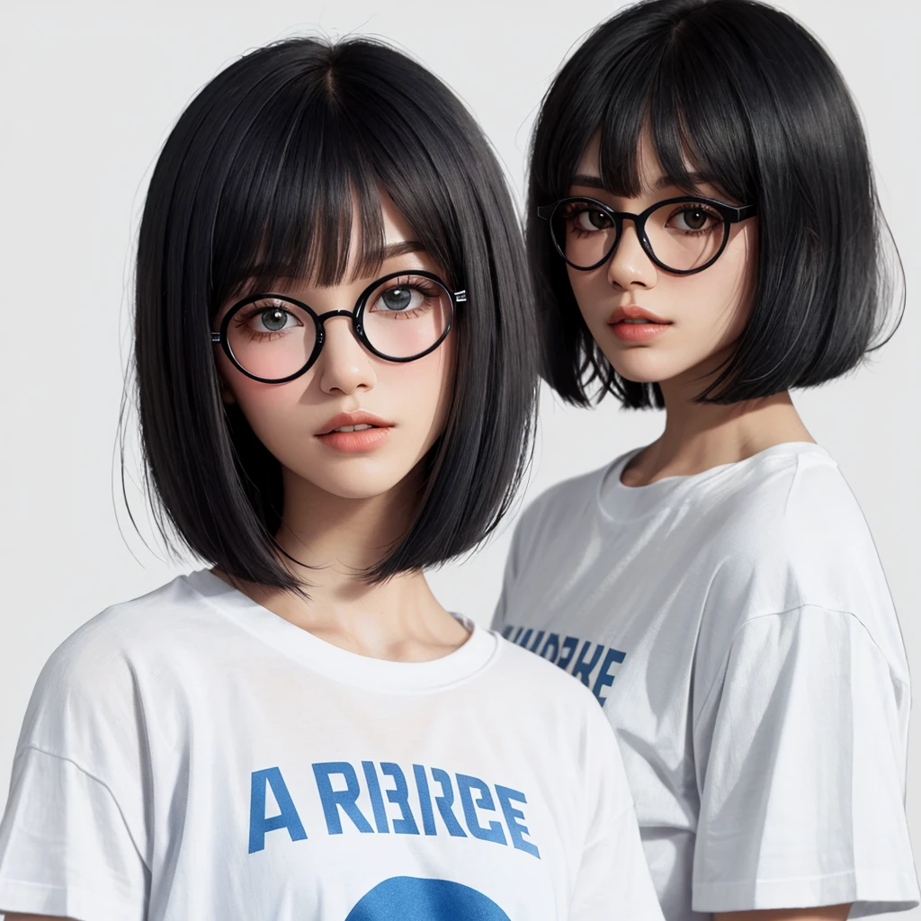 a closeup of a woman wearing blue glasses and a white T-shirt with the letter A very large printed, black bob cut hair, with a bob cut, black bob hair, bob cut hair, dark short hair, French bob hair, black bob hair, short bob hair, short straight hair, dark short hair,  bob cut