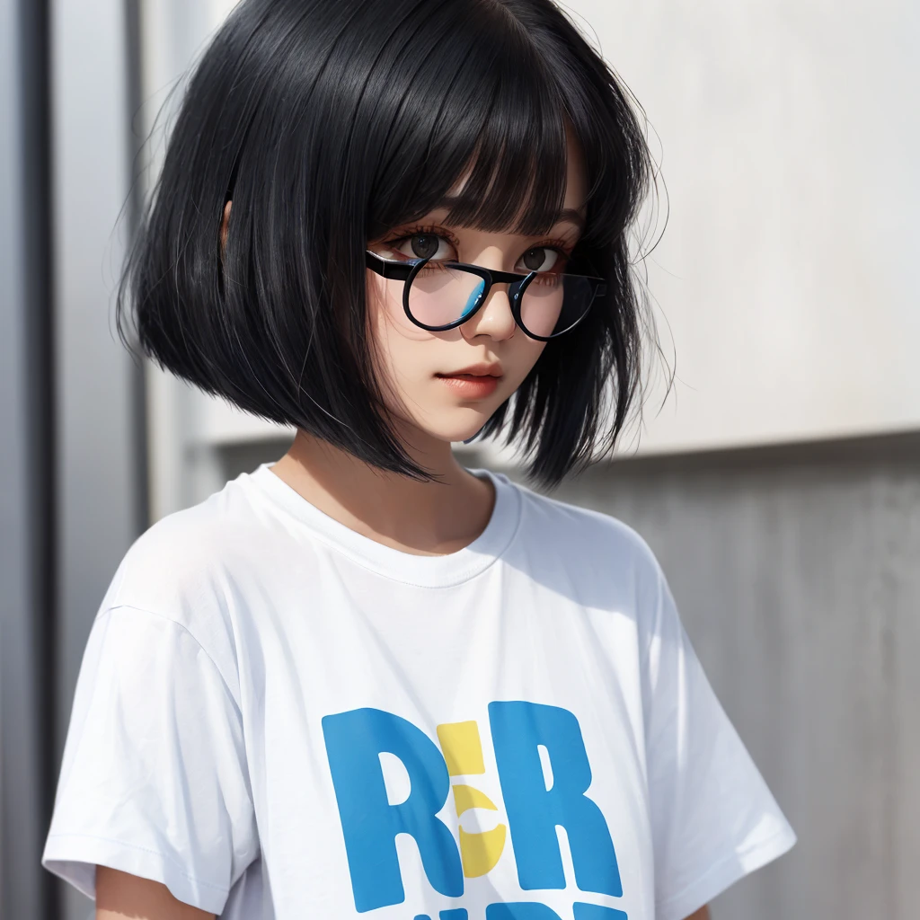 a closeup of a woman wearing blue glasses and a white T-shirt with the letter A very large printed, black bob cut hair, with a bob cut, black bob hair, bob cut hair, dark short hair, French bob hair, black bob hair, short bob hair, short straight hair, dark short hair, bob cut