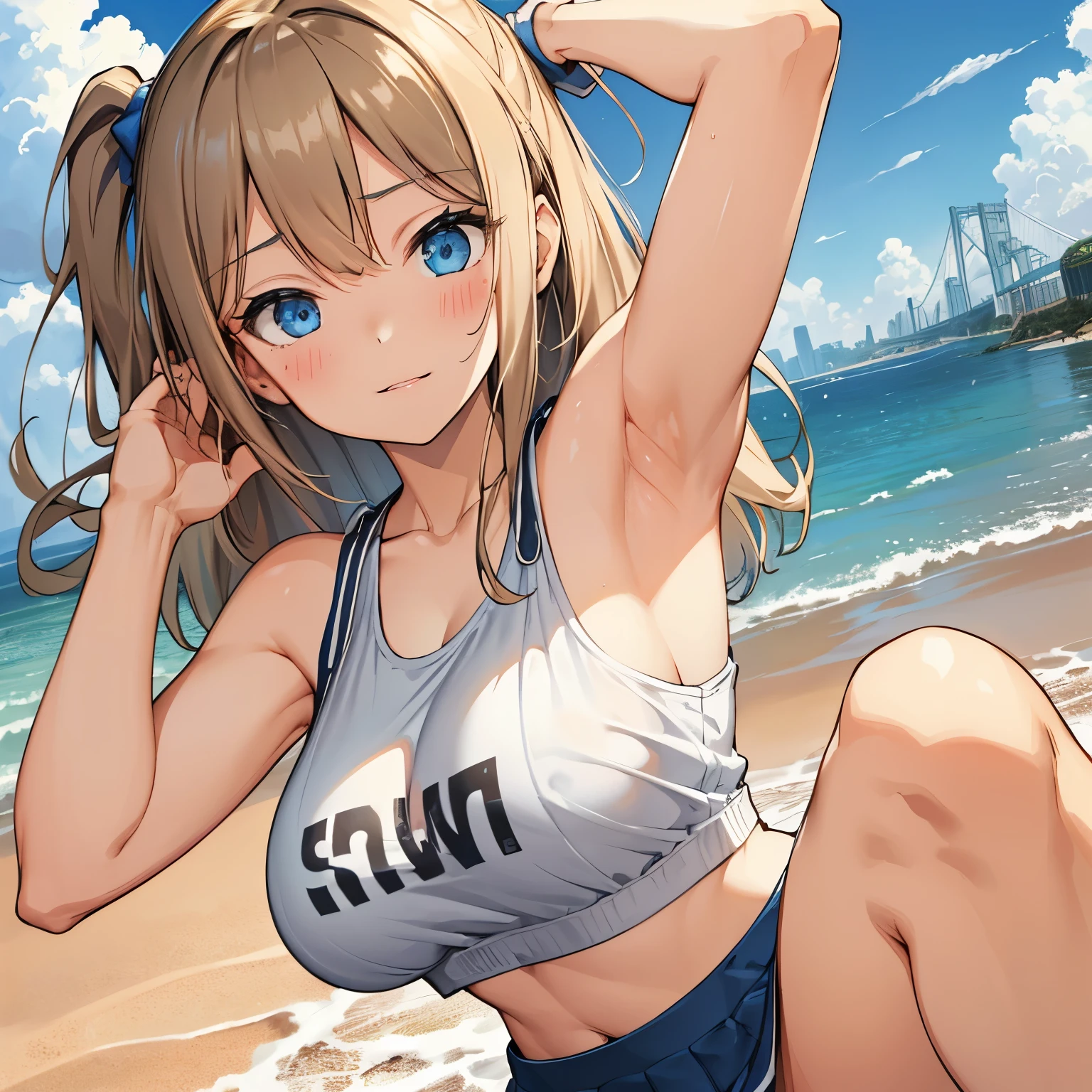 (Ultra Real), (Illustration), (High Resolution), (8K), (Very Detailed), (Best Illustration), (Beautiful Detailed Eyes), (Best Quality), (Super Detailed), (Masterpiece), (Wallpaper), (Detailed Face), Solo, (Dynamic Pose, 1girl, Beautiful sky blue eyes, Tank Tops, Mini skirt, Cute, blush, big breasts⁩, Center division, arm up, armpits, sweat, sportswear, show armpits