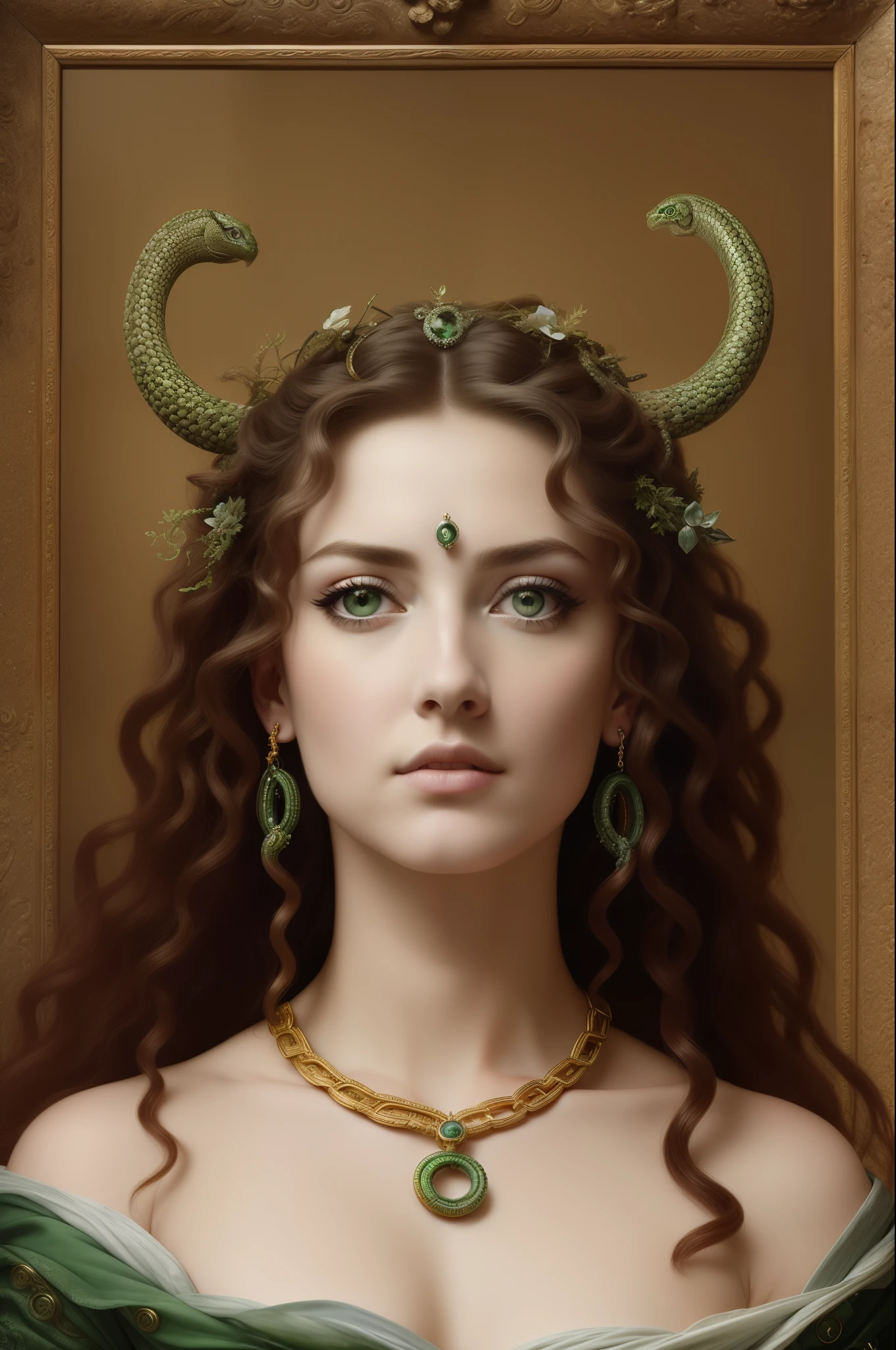 High clarity eyes, green eye lens, highly detailed, flawless, "Imagine a captivating portrayal of the infamous Medusa from Greek and Roman mythology. Craft an image that combines her ethereal beauty with her tragic curse – a serpent-haired Gorgon whose gaze turns mortals to stone. Illustrate her fierce determination, the intricacies of her serpentine locks, and the mesmerizing yet perilous aura that surrounds her. Explore the emotions conveyed in her eyes and the mythology that weaves her into the tapestry of ancient legends." in Peter paul Rubens style, by Peter paul Rubens, flawless,