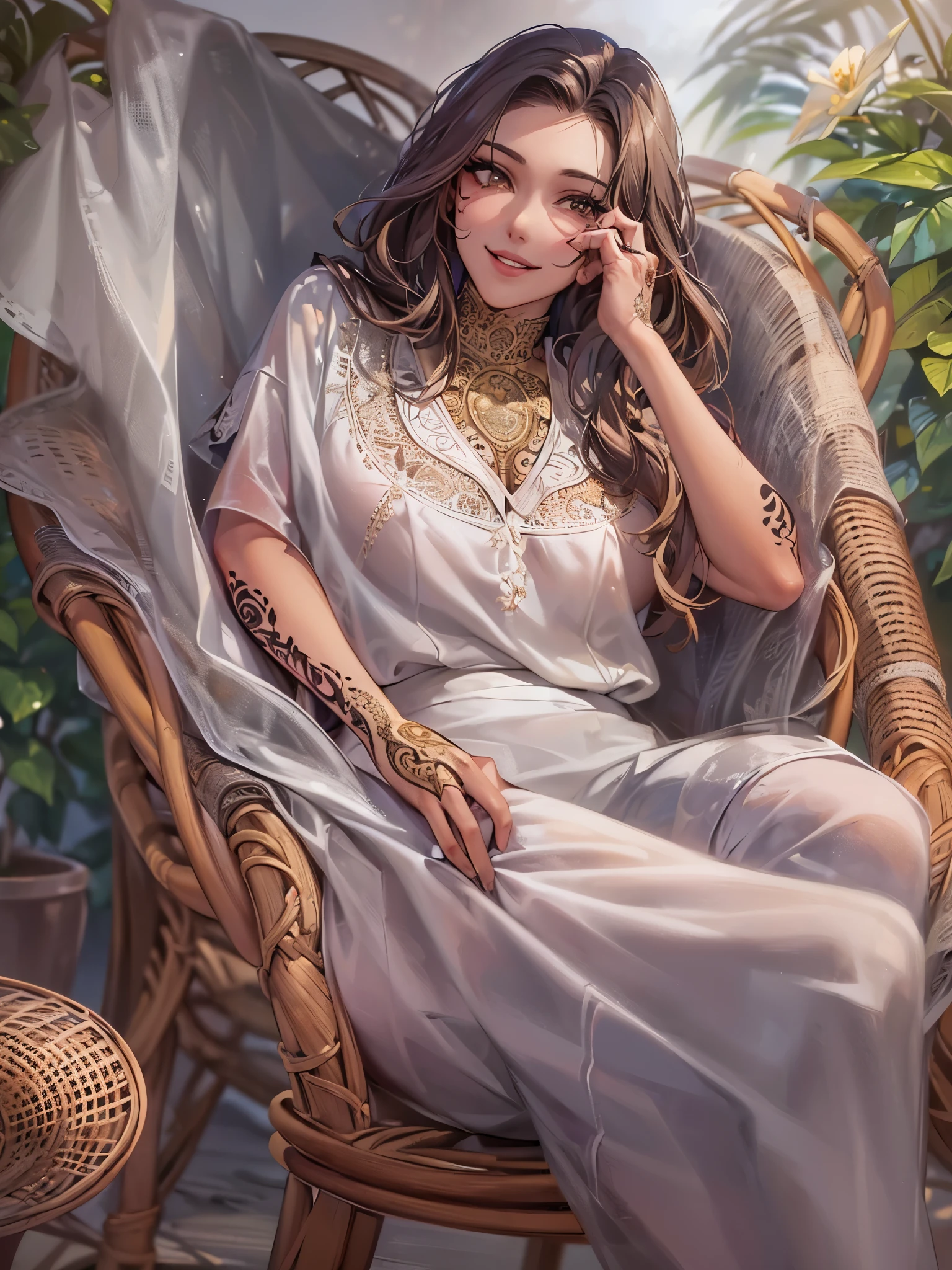 (highest quality)),(ultra high resolution),(Super detailed),(detailed description),((best CG)),(best work of art),super precision art,amazing drawing art,(Art with precise details:1.5), (adult women:1.6),(beautiful and well-shaped face:1.5),(smile:1.6),makeup:1.4,(Wearing thin sheets with intricate details:1.8),(Smooth skin with fine details:1.6),(flower tattoo:1.5),Black nail polish:1.4, (Sitting on a rattan chair with legs crossed:1.6)