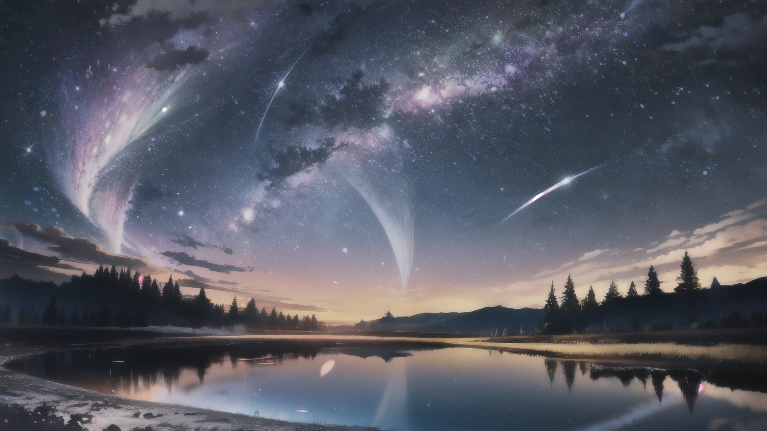 masterpiece, masterpiece, Ultra-detailed, meteor shower, comet, moon, starry sky, lake reflection, dreamlike scene, colorful trees, Anime CG, exquisite image