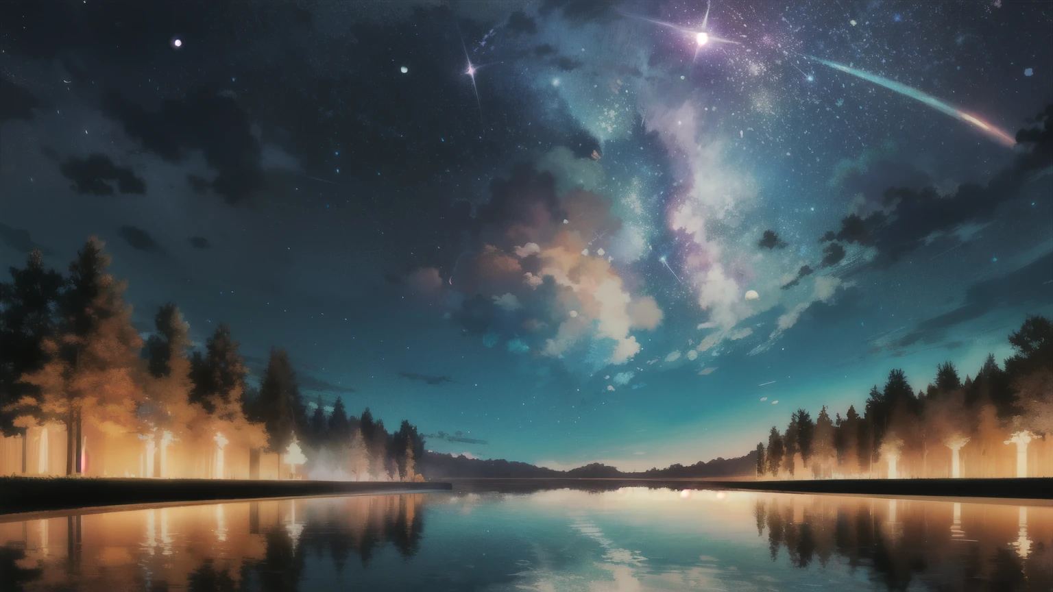 masterpiece, masterpiece, Ultra-detailed, meteor shower, comet, moon, starry sky, lake reflection, dreamlike scene, colorful trees, Anime CG, exquisite image