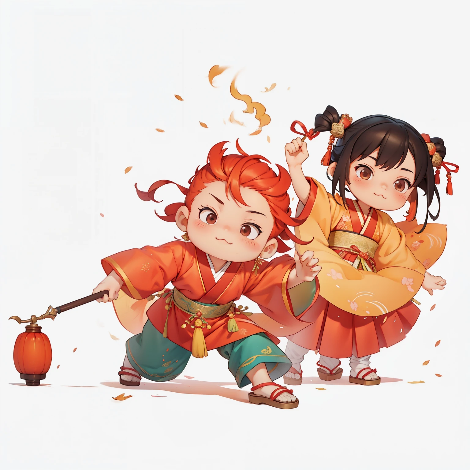 孩子蹲着放firecrackerecracker,Hanfu,