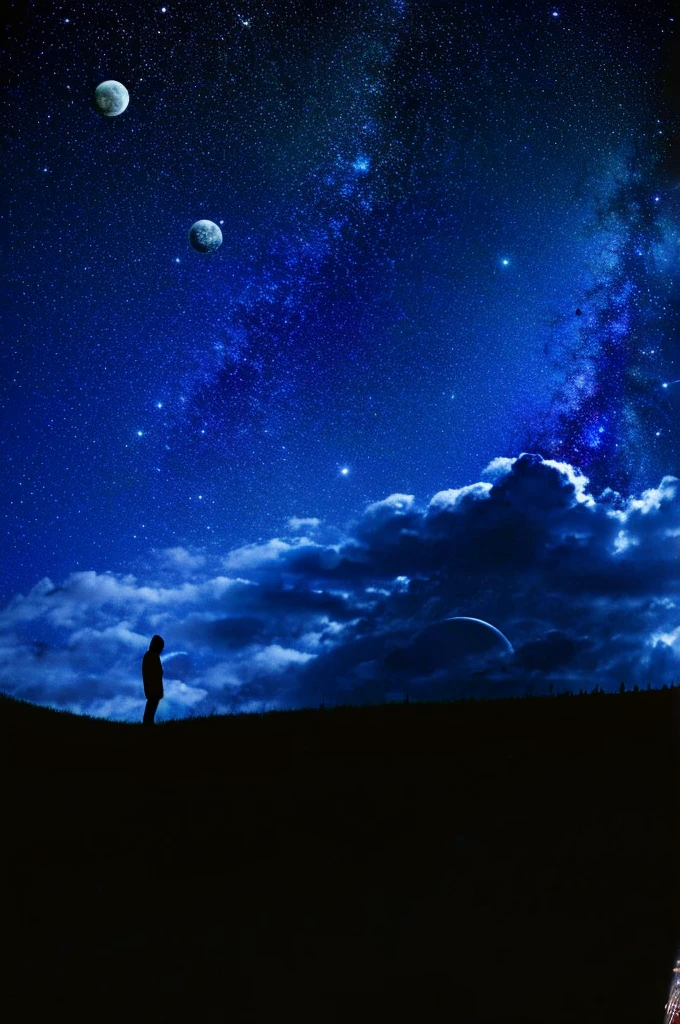 highest quality,big moon and shadow,A silhouette of a person can be seen against the background of the big moon.,There is one full moon,There is a mood,beautiful scenery,starry sky