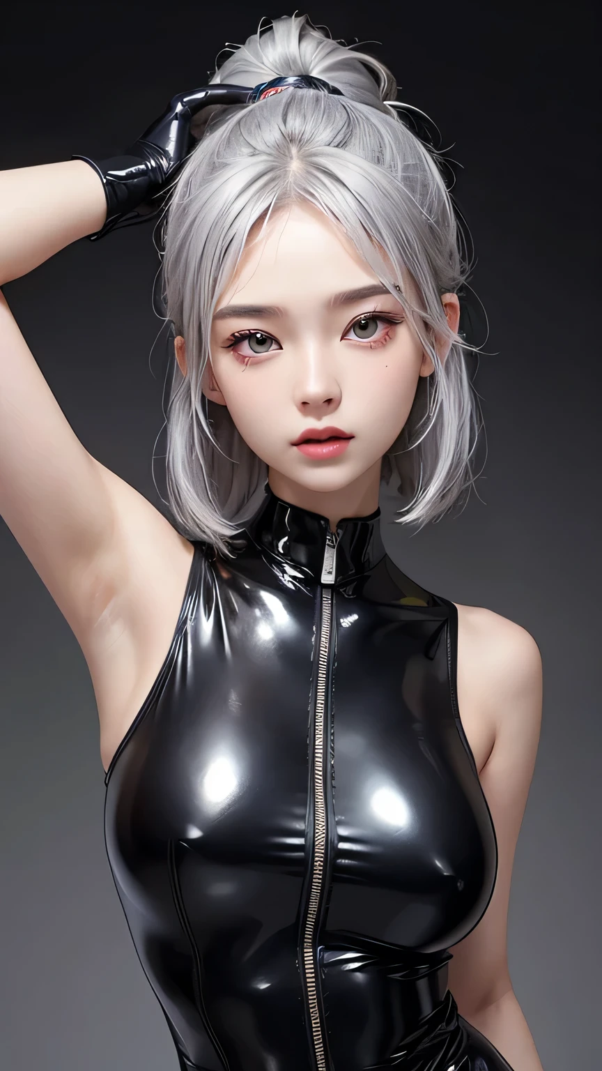 young woman、Make your face precise、Pose that shows off your armpits、gray hair、cute woman、latex bodysuit