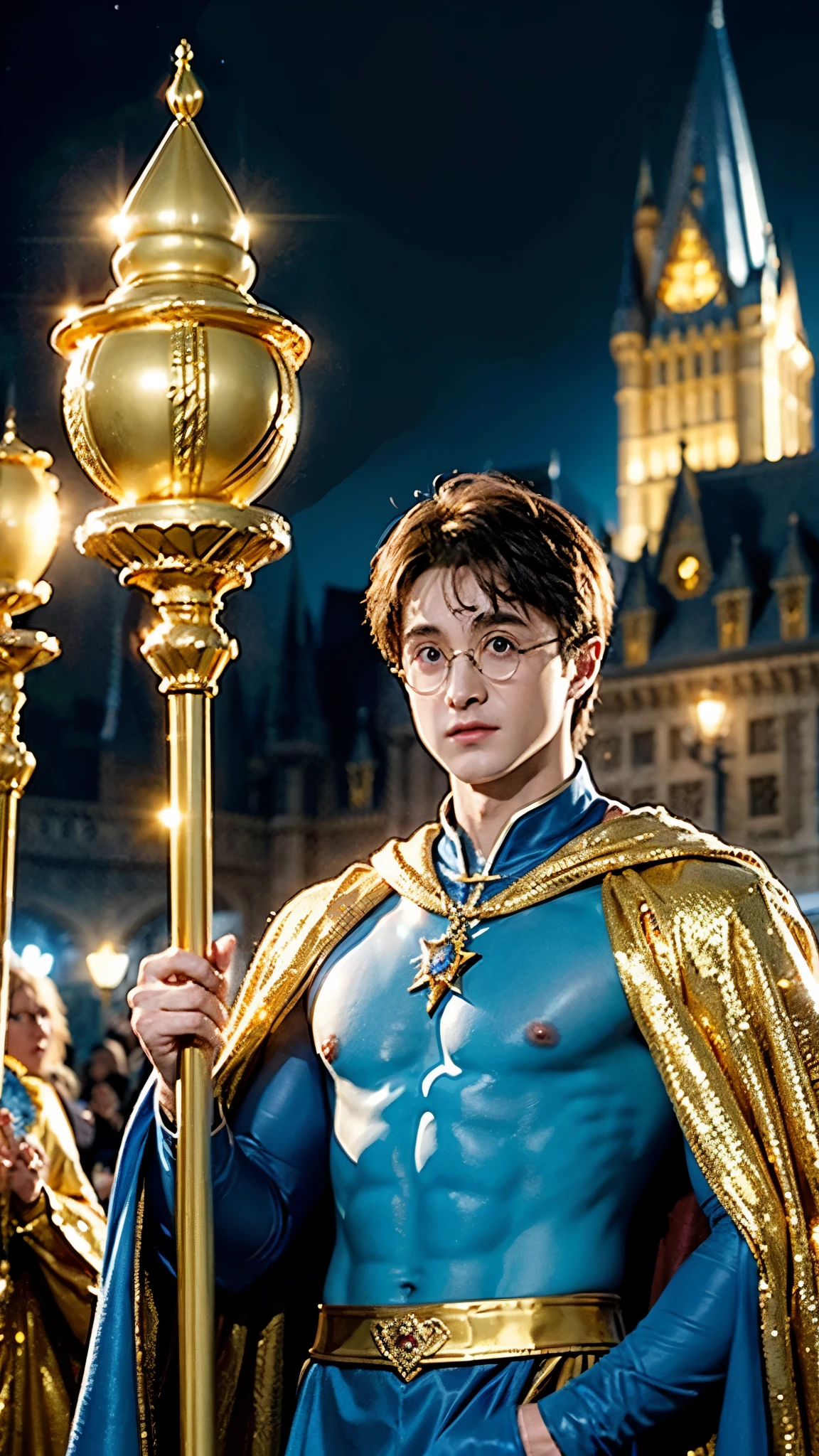 blue skin Harry Potter, muscular body, bare upper body, golden ornaments, flashy costume, Hogwarts in the background, golden king, golden emperor Harry Potter, painted in the center, crowd in the background, golden effect, golden magic, high quality,Harry Potter with golden skin, muscular body, bare upper bodyHarry Potter with golden skin, nothing on, naked, nothing on upper body, golden ornaments, flashy costume, Hogwarts in background, golden king, golden emperor Harry Potter, painted in the center, crowd in background, golden effect, golden magic, high quality, high definition、Harry Potter, the king who unifies the universe, robot in the background,
