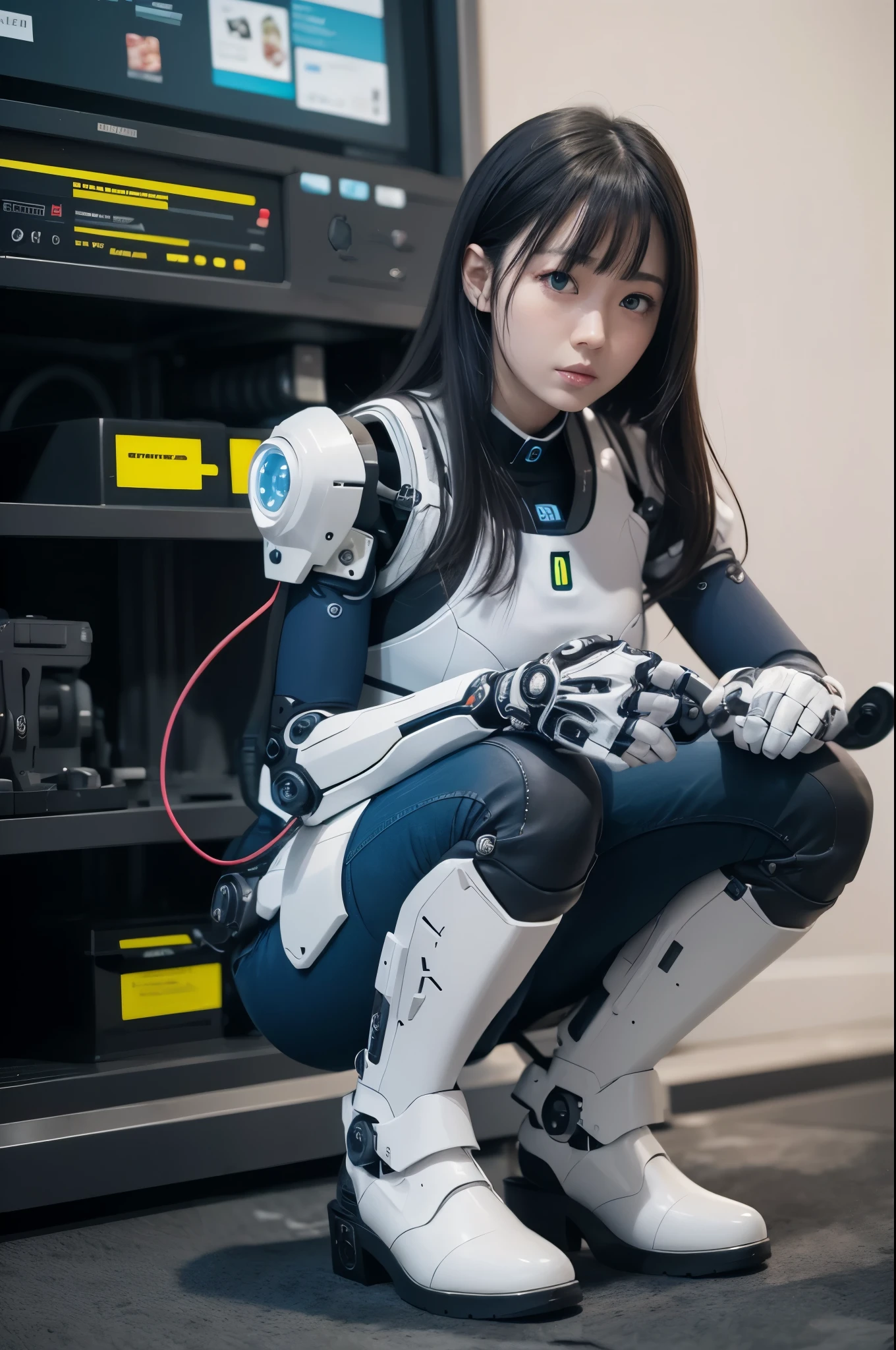 masterpiece, best quality, extremely detailed, Japanese android girl,Plump,control panels,Squat,Mechanical Hand,Robot arms and legs, black sponge joints,blunt bangs,white robot body,ceramic body,white long boots,perfect cyborg girl,charging spot,She is charging now,blue eyes
