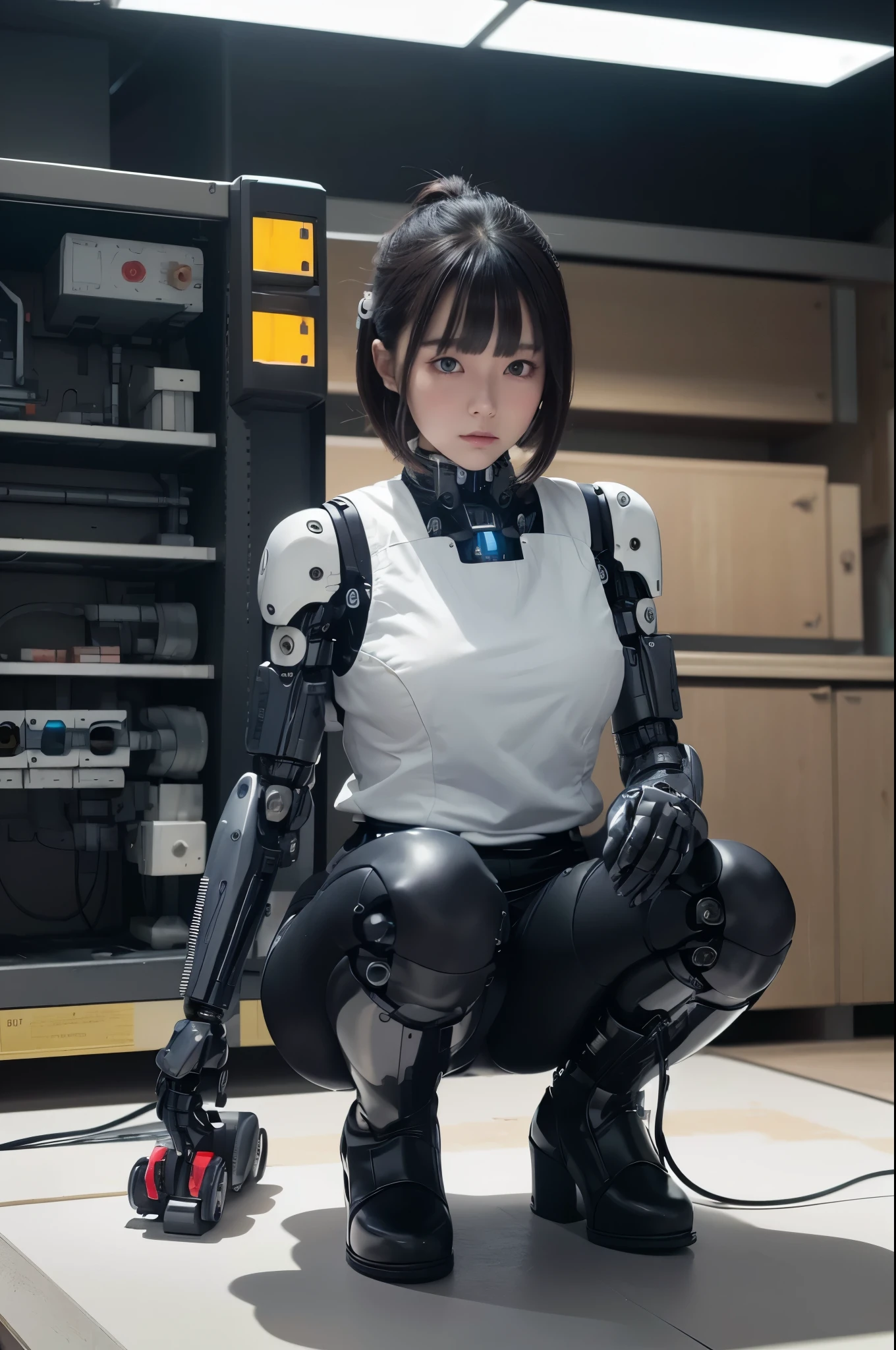 masterpiece, best quality, extremely detailed, Japanese android girl,Plump,control panels,Squat,Mechanical Hand,Robot arms and legs, black sponge joints,blunt bangs,white robot body,ceramic body,white long boots,perfect cyborg girl,charging spot,She is charging now,blue eyes