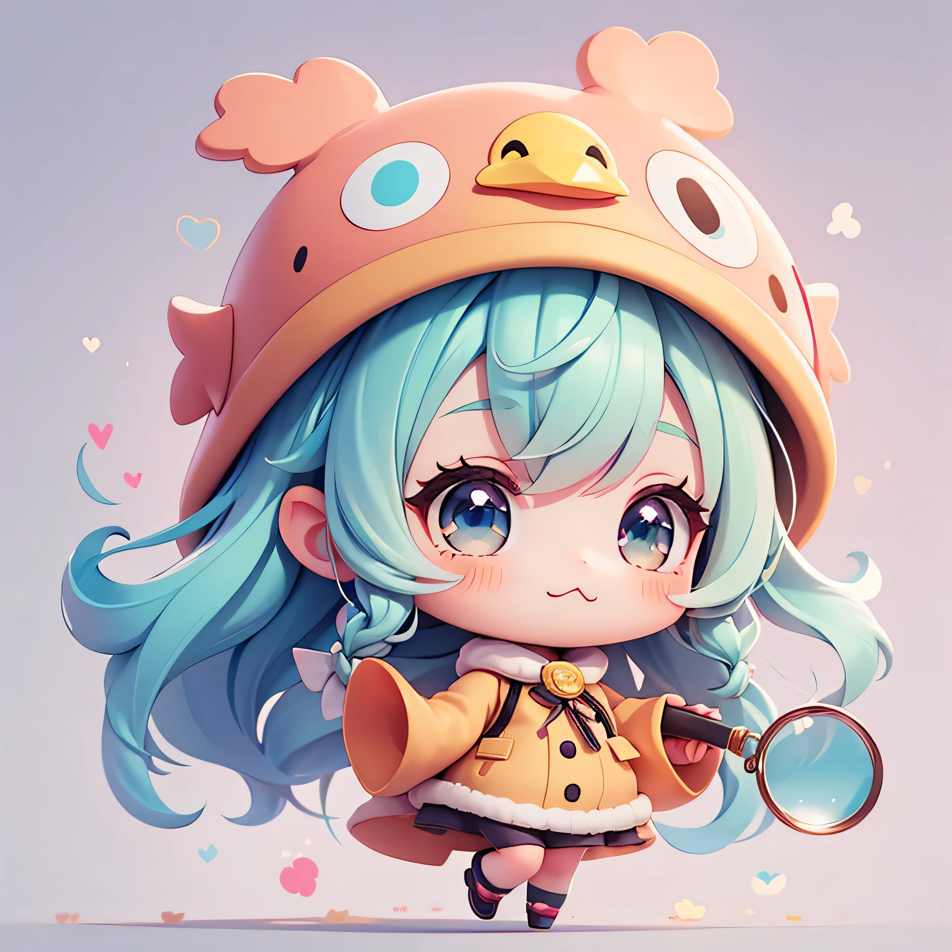 The character wonders.
character holding a magnifying glass., cartoon girl in a chicken costume with a hat and a hand, kawaii cutest sticker ever, cute digital art, chibi girl, cute anime style, cute detailed digital art, anime chibi, cute anime girl, chibi anime girl, ruan cute vtuber, sticker illustration