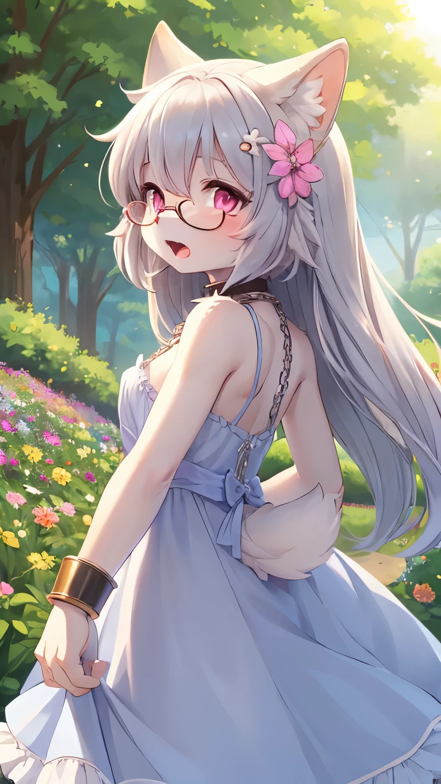 best quality,best resolution,(fluffy anthro furry :1.6),(young :1.6),light grey cat girl,small breasts,pink eyes,glistering eyes,light grey long hair,wavy hair,messy hair,light grey fur,light grey cat ears,white cute ruffles dress with jewelry chain,blue line dress,sleeveless,bare shoulder,chain collar,glasses,flower ribbon hairpin,iron bracelet,huge flower garden,white sunlight,outdoor,looking at viewer,desire face,open mouth,heavy breath,full face blush,buttlock,low angle,back view