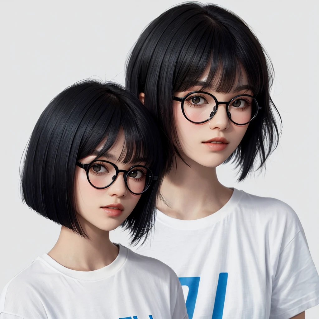 (masutepiece, Best Quality, Capture super cute moments, depth of fields, ultra-detailliert, Ultra High Resolution, C4D, Octadale, 3D Modeling, 8K, 16 K, one girls、a 、A dark-haired、short-hair、straight haired、Light brown eyes、hair adornments、wearing black glasses、kawaii faces)、End of summer