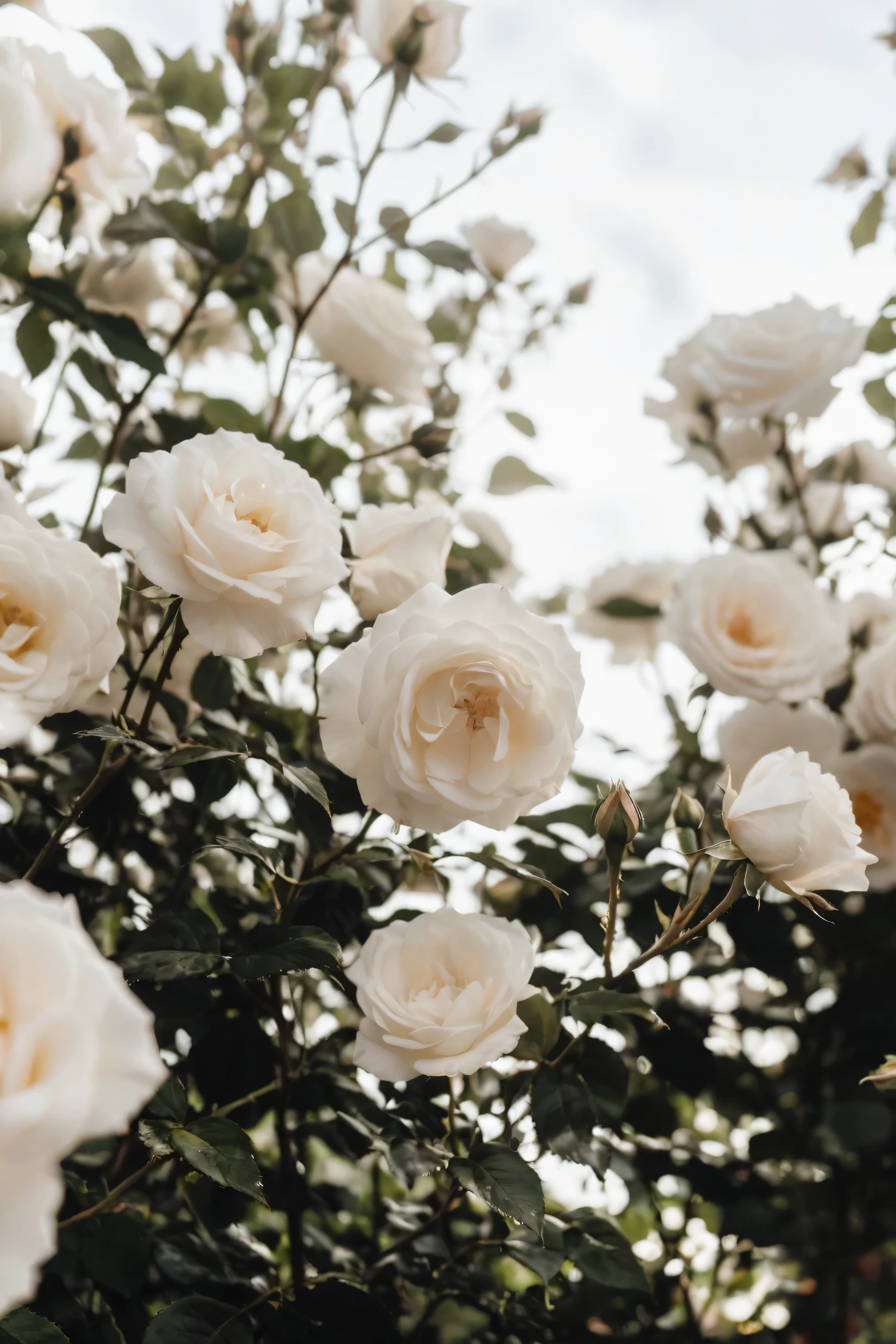 there are many white des roses growing on a bush in the garden, white des roses, fleurs blanches, Nature and floral aesthetics, fleurs en floraison, des roses, roses under cinematic light, an aesthetic field of flowers, laying on des roses, des fond de roses, fleurs blanches, blooming flowers, blondes, flowers in the background, growing on a giant rose, plantes et fleurs luxuriantes