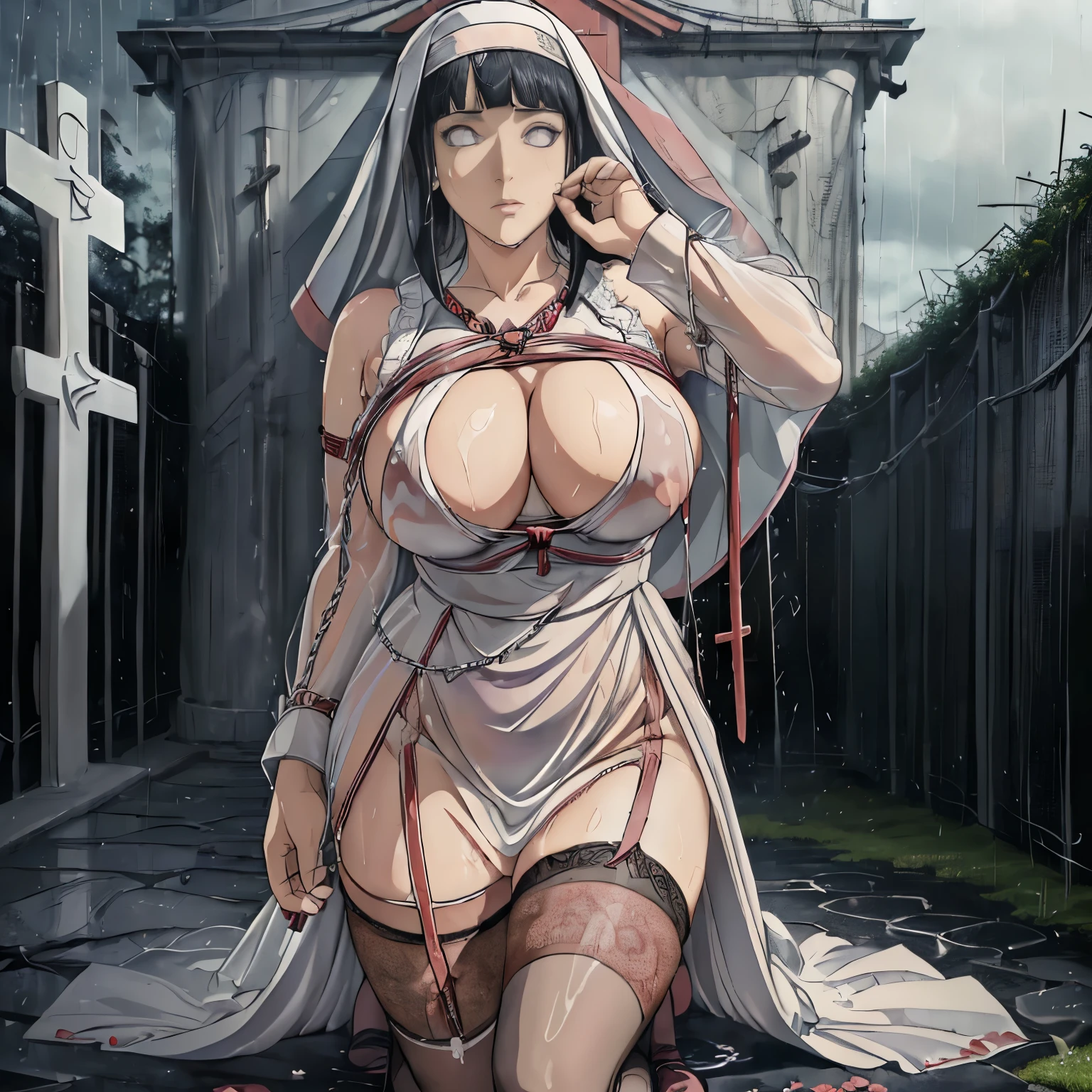 (Hyūga Hinata), ((Huge Breast)), ((Wet Wedding Gown)), Standing, Rainy situation, at sacrifical altar, ((Garter Stockings)), (bound to a large cross:1.4), (chained with barbedwire to a cross:1.4), (Hand Bound To large Cross : 1.4), ((Nun)).