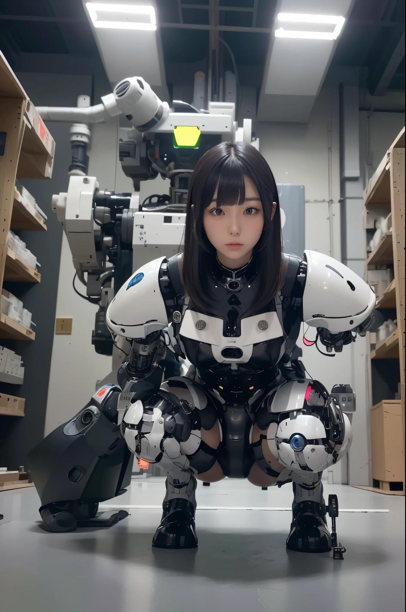 Beautiful Face,, From Back, 1 Woman, Curvaceous, Top Quality, Masterpiece, Ultra Detailed, ((((Bikini Cyborg Robot Parts)))), (Light Grey Hair), Long Hair, Wavy Hair, Twin Tails, Medium Shot, (((Seductive Smile)), (Black Eyes), Princess Cut, (Cowboy Shot),Squatting,Spread Your Legs,