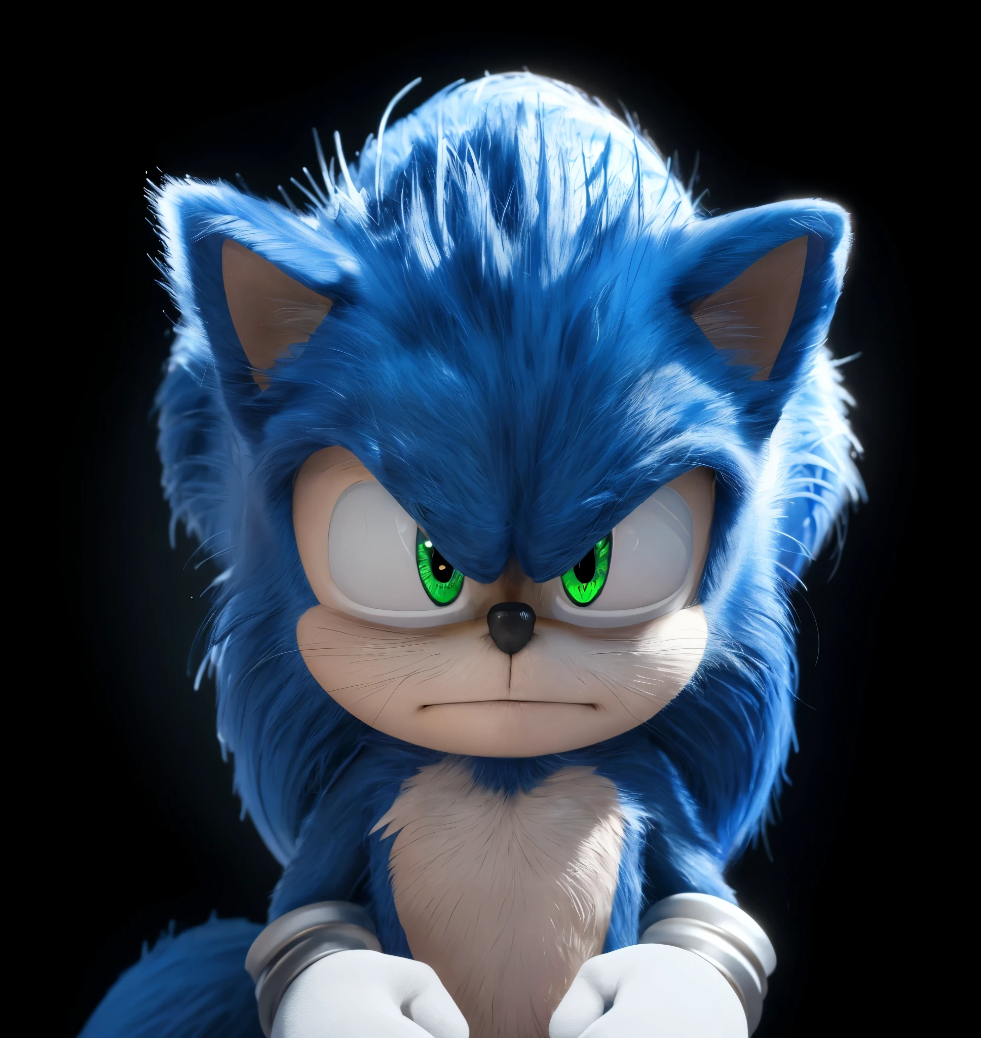 sonic the hedger with his eyes open, portrait of sonic the hedgehog, sonic looks like he is angry, The image features an angry Sonic the Hedgehog character from the popular video game franchise. He has blue fur, green eyes, black nose, glossy blue fur, shiny fur. The background is black, octane render, most beautiful vfx, , realistic, 4k, high resolution, rim light, smooth 3d model, multiple light sources, rim light, sharp post effects render,, realistic, 4k, high resolution, rim light detailed digital art, reflective, best quality, 4k, masterpiece:1.2, ultra-detailed, realistic, vivid colors, The image of the highest quality, ensuring every detail showcased perfectly. It in 4k resolution, allowing viewers to immerse themselves in the richness of the colors and intricate details. The realistic rendering. under the spotlight, reflecting, high-resolution image, realistic rendering, multiple light sources, rim light, sharp post effects render, (glossy plastic texture with multiple big light probe refractions), perfect cgi, smooth silhouette, high intensity refraction, (super glossy plastic material), most beautiful vfx, , realistic, 4k, high resolution, rim light, smooth 3d model, multiple light sources, rim light, sharp post effects render,, realistic, 4k, high resolution, rim light detailed digital art, reflective, best quality, 4k, masterpiece:1.2, ultra-detailed, realistic, vivid colors, The image of the highest quality, ensuring every detail showcased perfectly. It in 4k resolution, allowing viewers to immerse themselves in the richness of the colors and intricate details. The realistic rendering. under the spotlight, reflecting, high-resolution image, realistic rendering