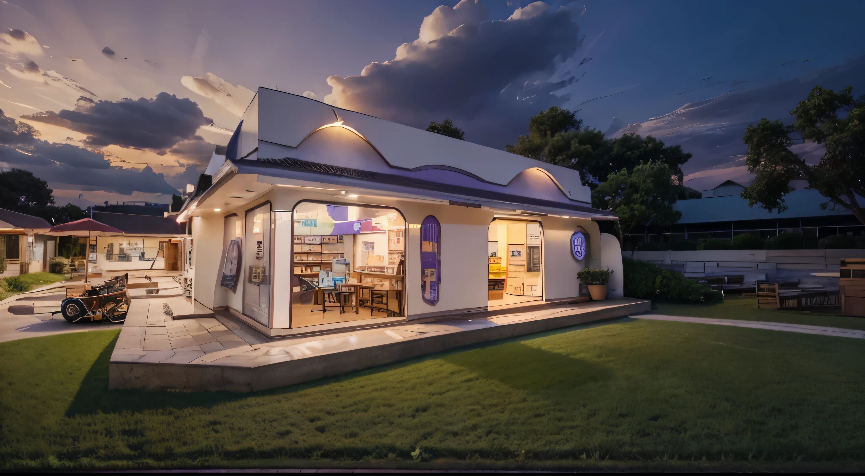 Model of a drug store combined with a cafe, soft curved roof, purple roof mixed with white with wavy embossed patterns, wide angle, magical yellow lighting, combined with green tree perspective, sidewalk grass