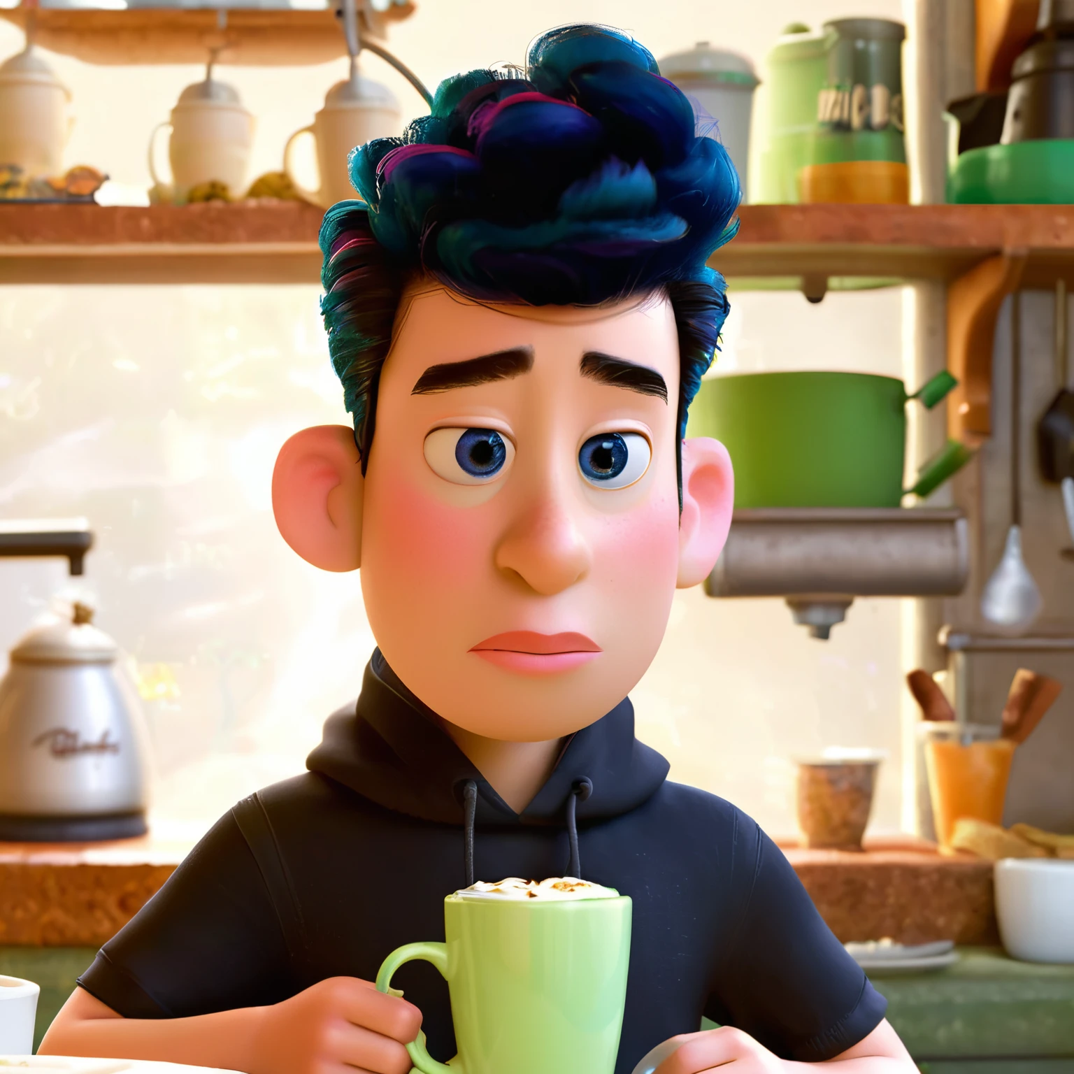 Imagen pixar  un hombre  de piel blanca , con color de ojos cafes , con color de pelo negro , cabello corto , con una camiseta negra y una sudadera negra